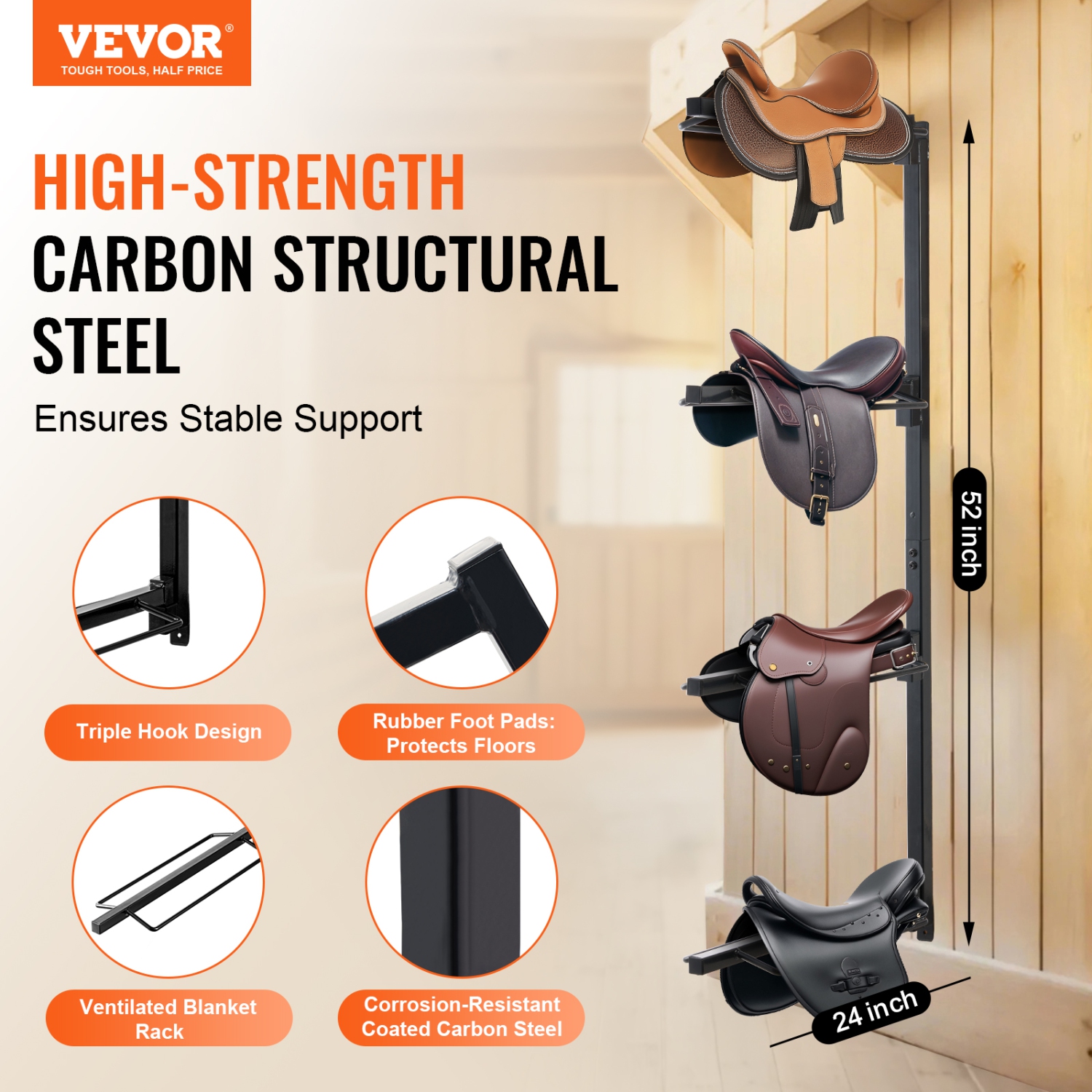 VEVOR 24 x 7 x 52 in Wall Mount Saddle Rack, Four Tiers Horse Saddle Storage Rack, Heavy Duty Equestrian Western and English Saddle Stand, Horse