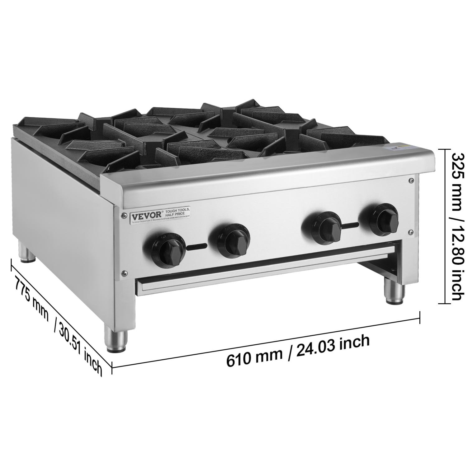 Réchaud à gaz commercial VEVOR à 4 brûleurs, cuisinière au gaz propane et au gaz naturel, plaque chauffante au gaz en acier inoxydable, équipement de