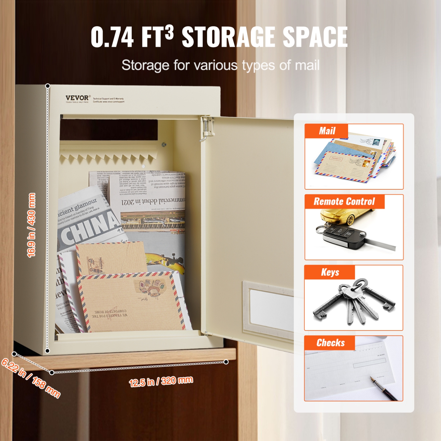 VEVOR 12.5x6.3x16.9" Through The Wall Drop Box, Heavy Duty Steel Through the Wall Mailbox with 2.8-7.9" 13" Combination Lock, Mail Drop Box, Beige