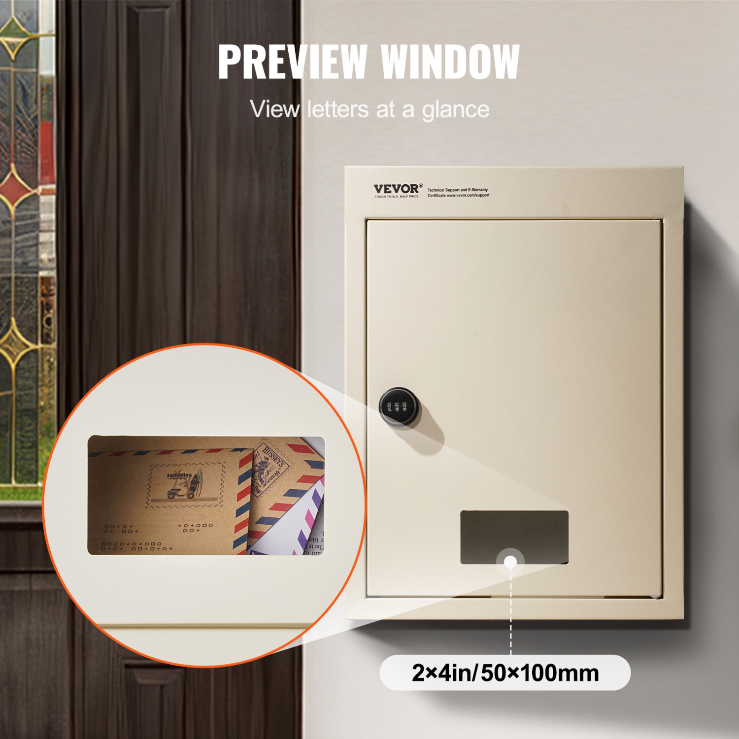 VEVOR 12.5x6.3x16.9" Through The Wall Drop Box, Heavy Duty Steel Through the Wall Mailbox with 2.8-7.9" 13" Combination Lock, Mail Drop Box, Beige