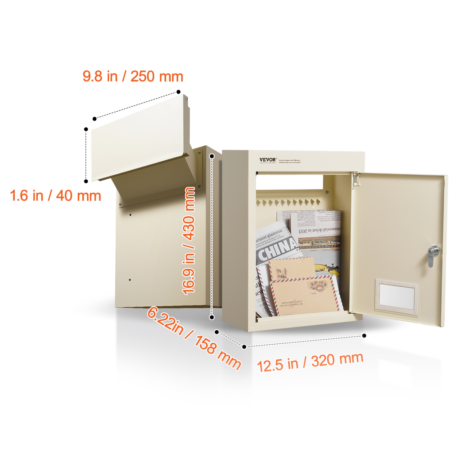 VEVOR 12.5x6.3x16.9" Through The Wall Drop Box, Heavy Duty Steel Through the Wall Mailbox with 2.8-7.9" 13" Combination Lock, Mail Drop Box, Beige