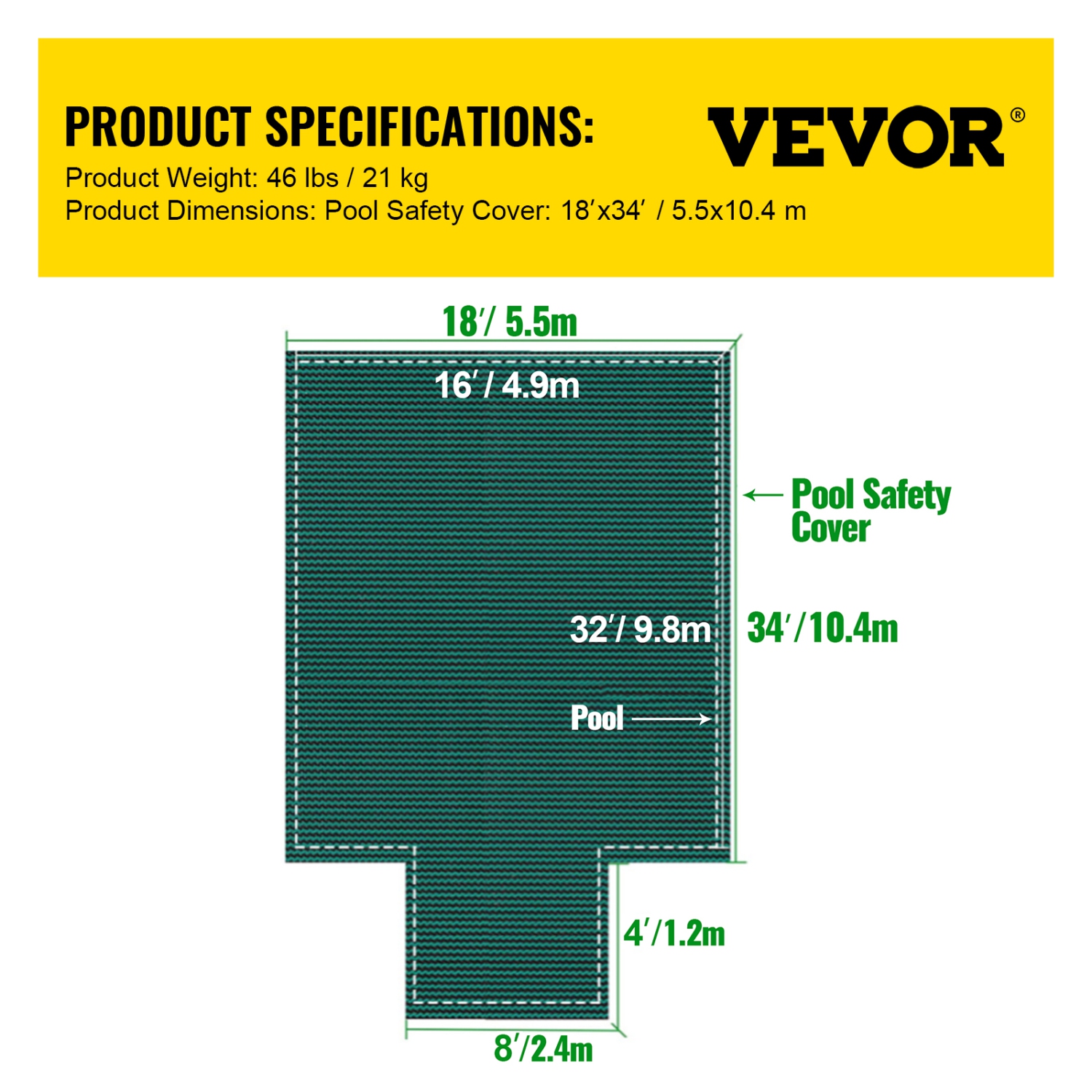 VEVOR Pool Safety Cover Fits 16x32ft Rectangle Inground Pools, Safety Pool Cover with 4x10ft Center End Step, Mesh Solid Pool Cover with Drainage