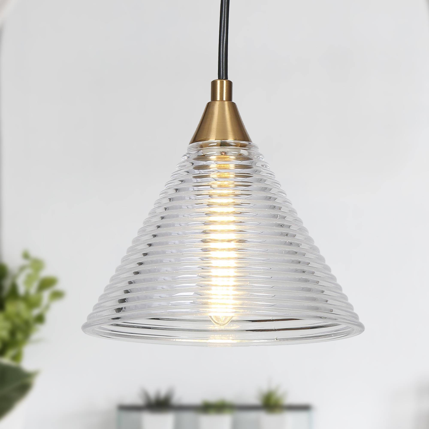 Modern Kitchen Island Pendant Light 1-Light Black & Gold Pendant Light with Water-Rippled Glass Shade