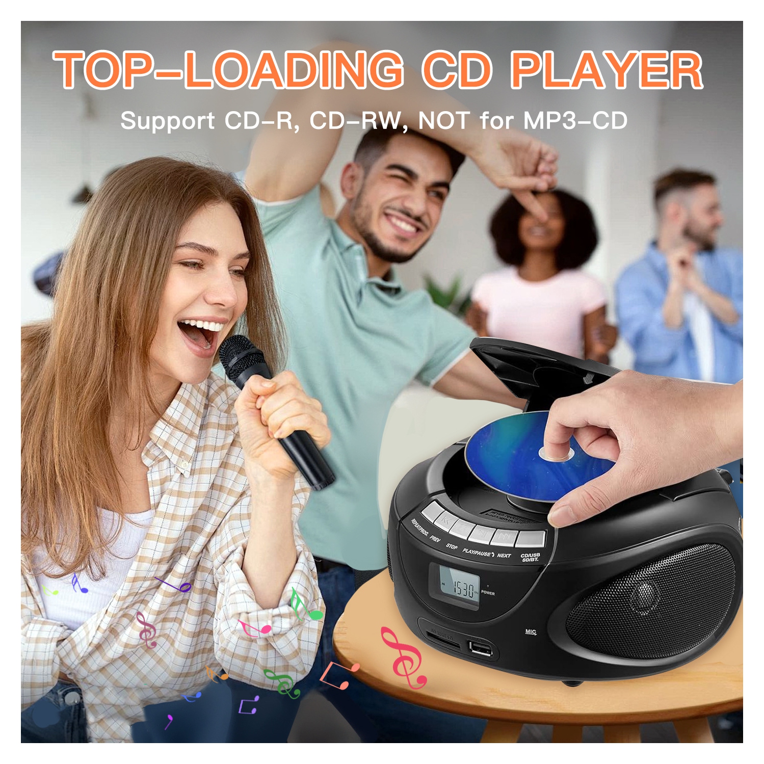 Lecteur de CD portatif pour la maison, minichaîne CD avec radio AM/FM stéréo, Bluetooth, USB, prise pour écouteurs, écran LCD, lecteur de CD et