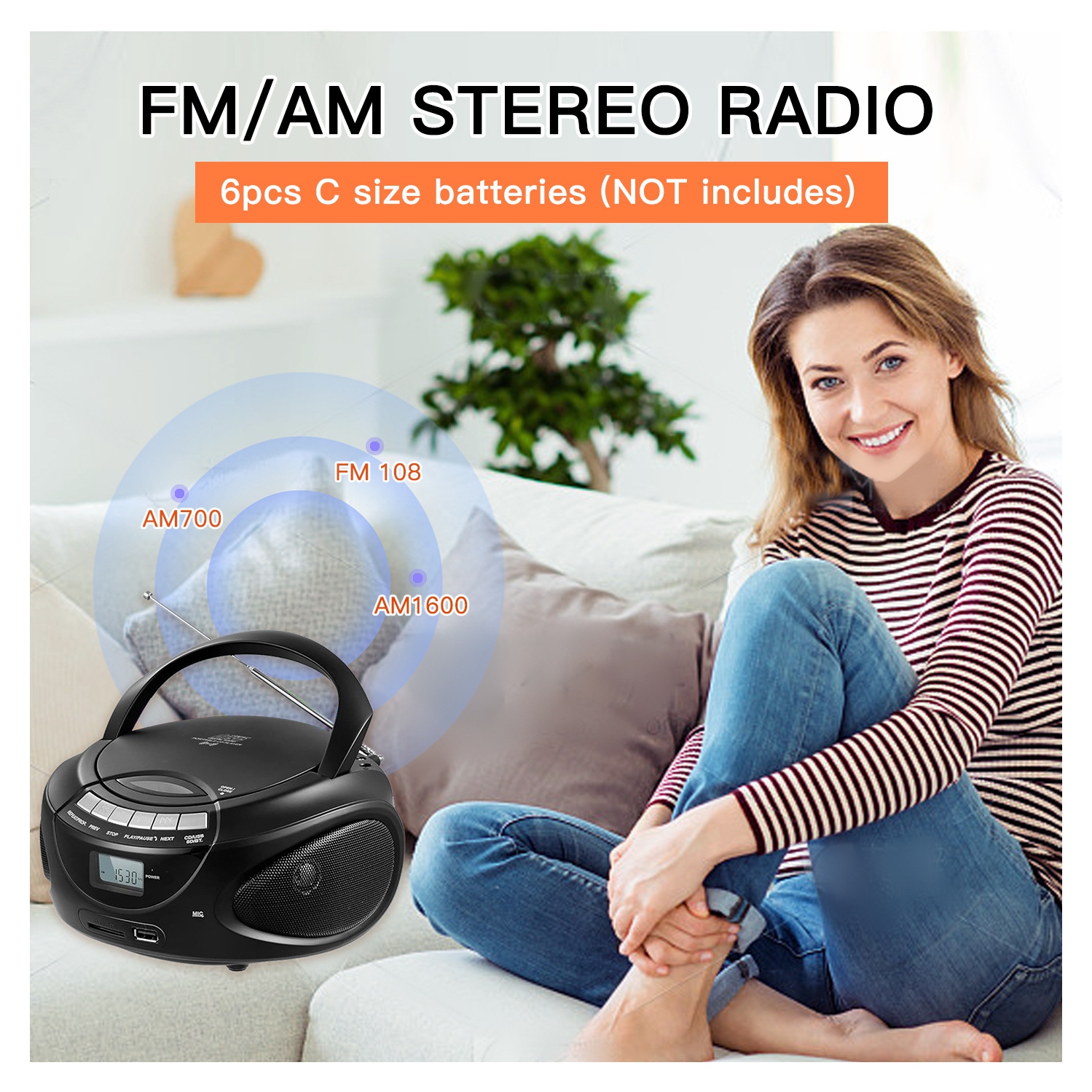 Lecteur de CD portatif pour la maison, minichaîne CD avec radio AM/FM stéréo, Bluetooth, USB, prise pour écouteurs, écran LCD, lecteur de CD et