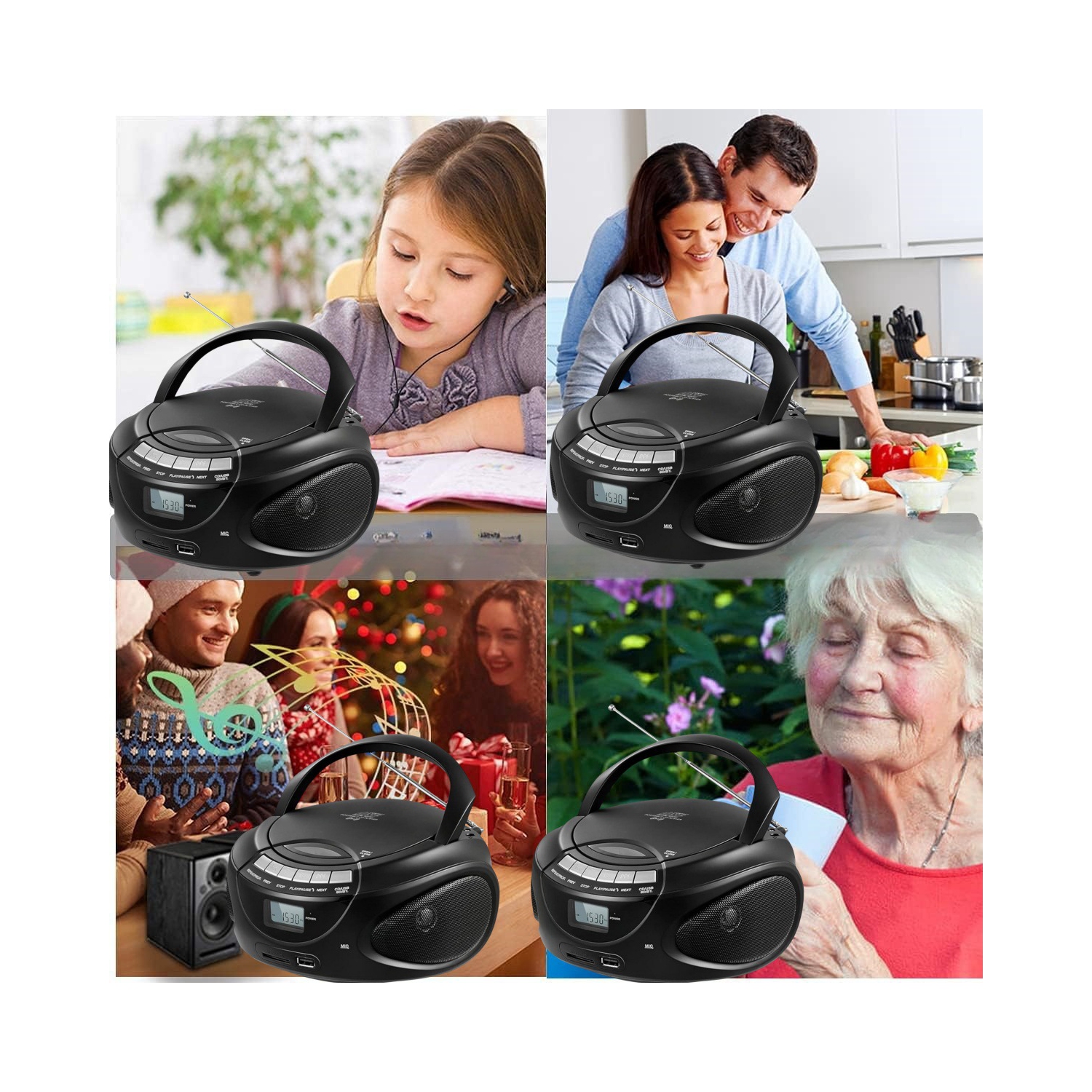 Lecteur de CD portatif pour la maison, minichaîne CD avec radio AM/FM stéréo, Bluetooth, USB, prise pour écouteurs, écran LCD, lecteur de CD et