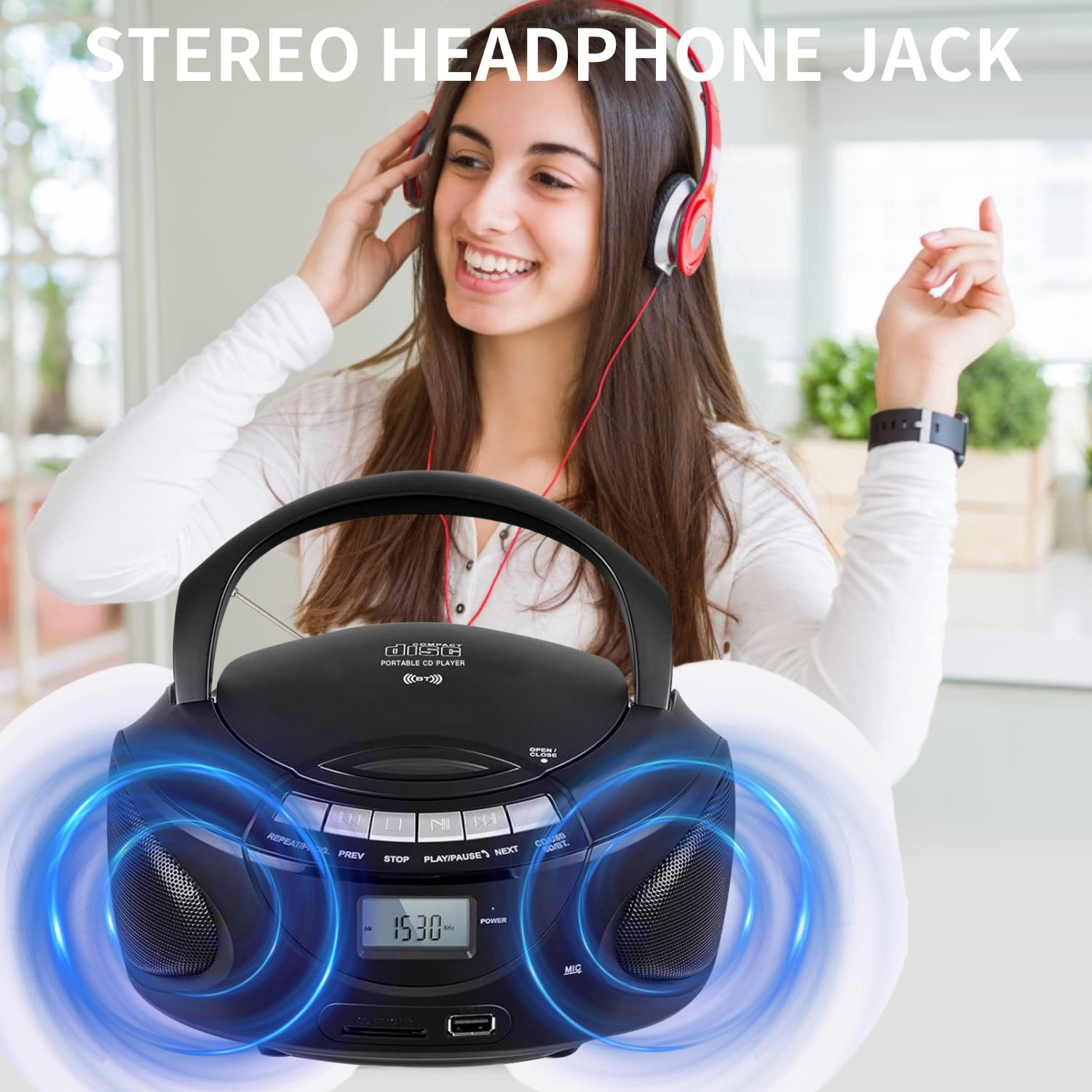 Lecteur de CD portatif pour la maison, minichaîne CD avec radio AM/FM stéréo, Bluetooth, USB, prise pour écouteurs, écran LCD, lecteur de CD et