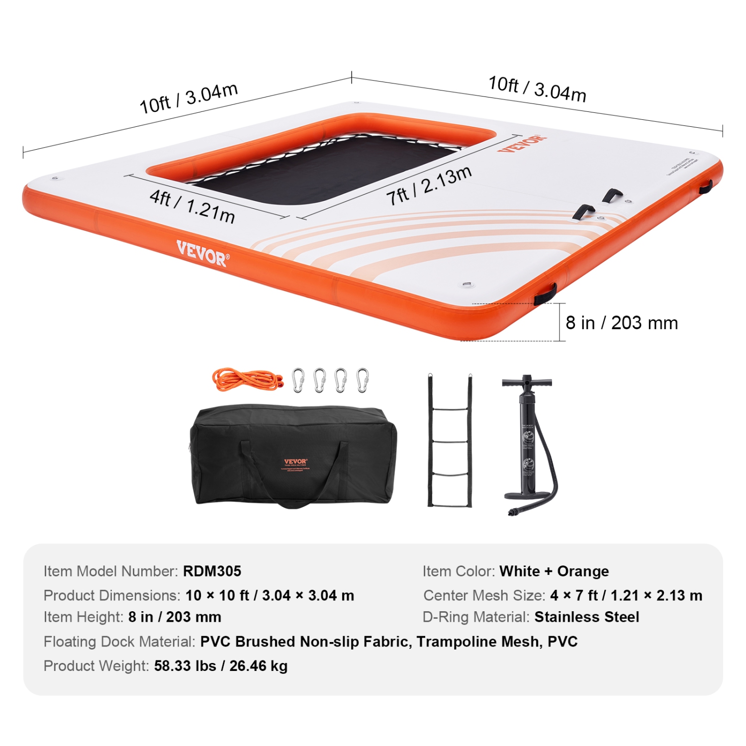 VEVOR 10x10FT Inflatable Floating Dock, Inflatable Dock Platform with 4*7FT Trampoline Mesh Pool, Non-Slip Floating Platform Water Mat with Portable