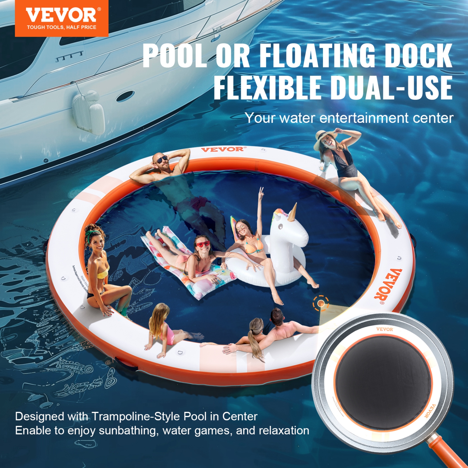 VEVOR ø10FT Inflatable Floating Dock, Inflatable Dock Platform with ø8FT Trampoline Mesh Pool, Non-Slip Floating Platform Water Mat with Portable Bag