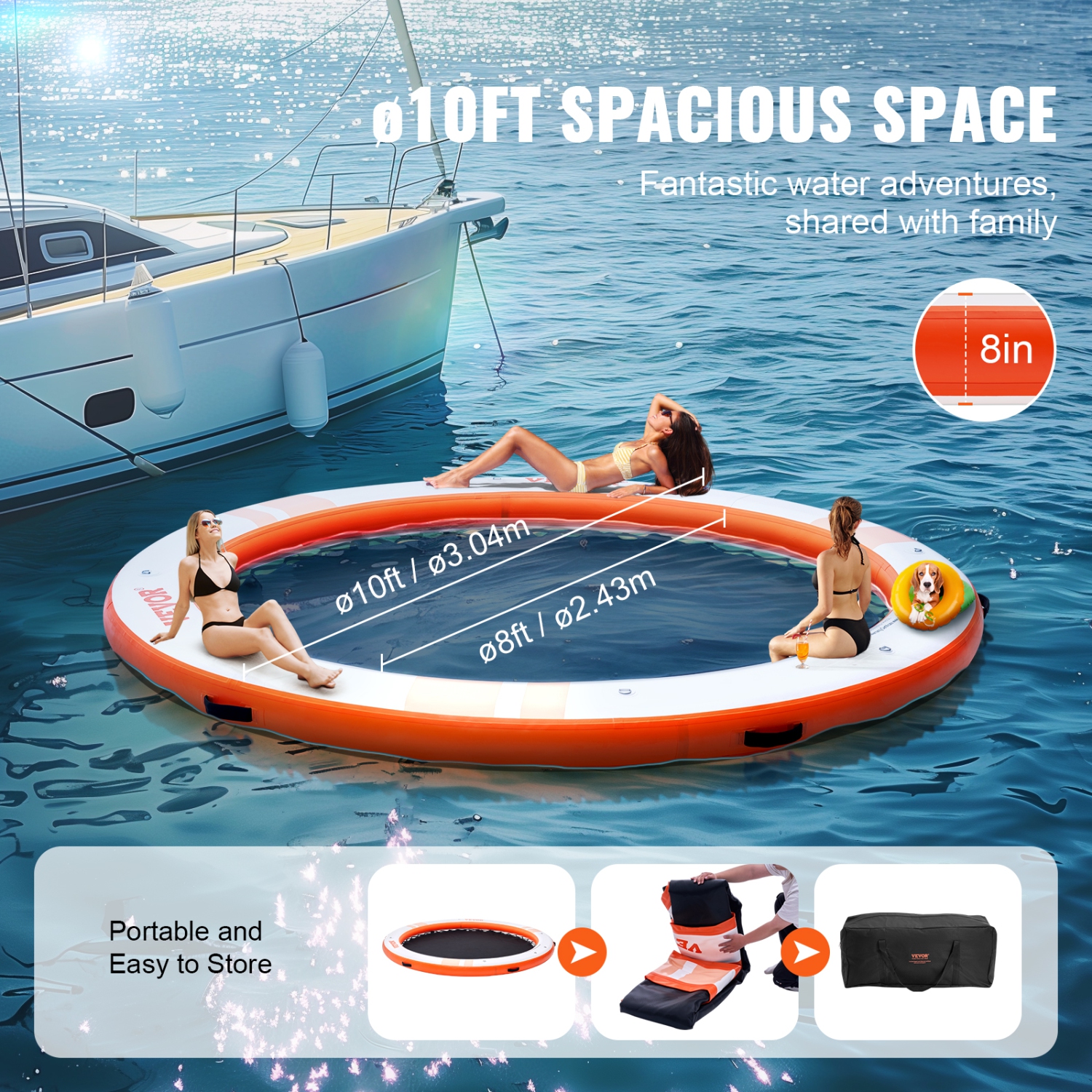 VEVOR ø10FT Inflatable Floating Dock, Inflatable Dock Platform with ø8FT Trampoline Mesh Pool, Non-Slip Floating Platform Water Mat with Portable Bag