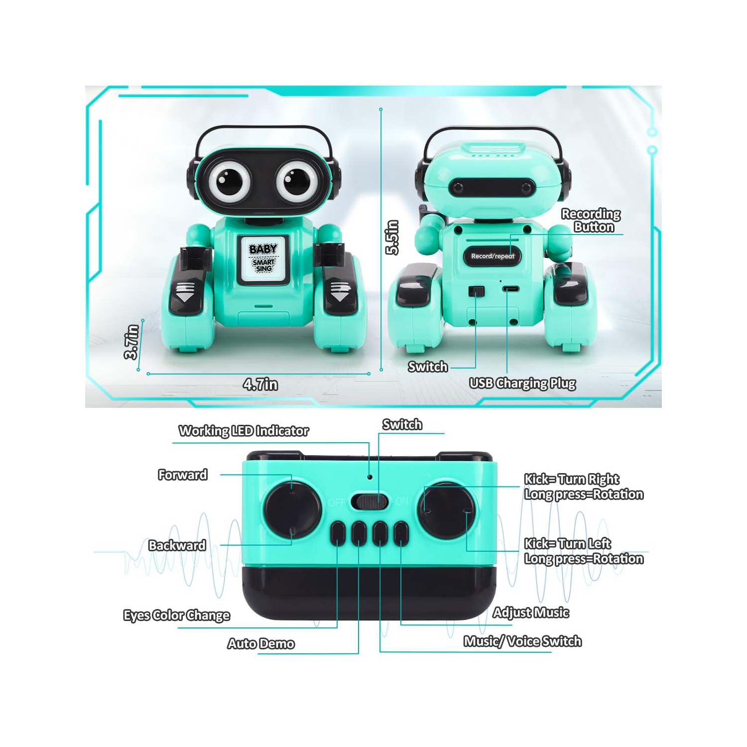 Jouets robots télécommandés pour garçons et filles, robot intelligent rechargeable avec lumière LED, chant et danse, fonction d'enregistrement