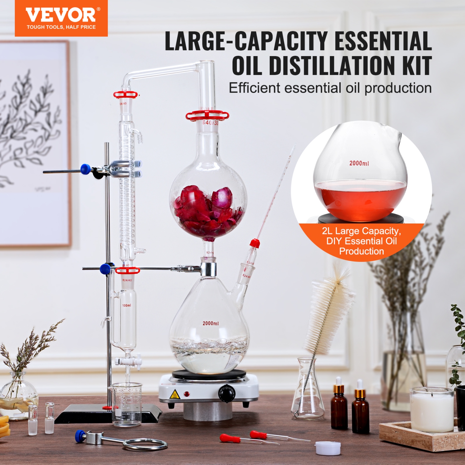 Trousse de distillation d'huile essentielle VEVOR 2000&nbsp;ml, appareil de distillation, 3,3 trousse de distillation de verres Boro Lab avec plaque