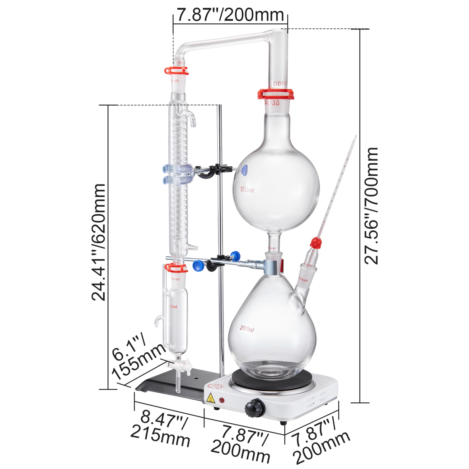 Trousse de distillation d'huile essentielle VEVOR 2000&nbsp;ml, appareil de distillation, 3,3 trousse de distillation de verres Boro Lab avec plaque