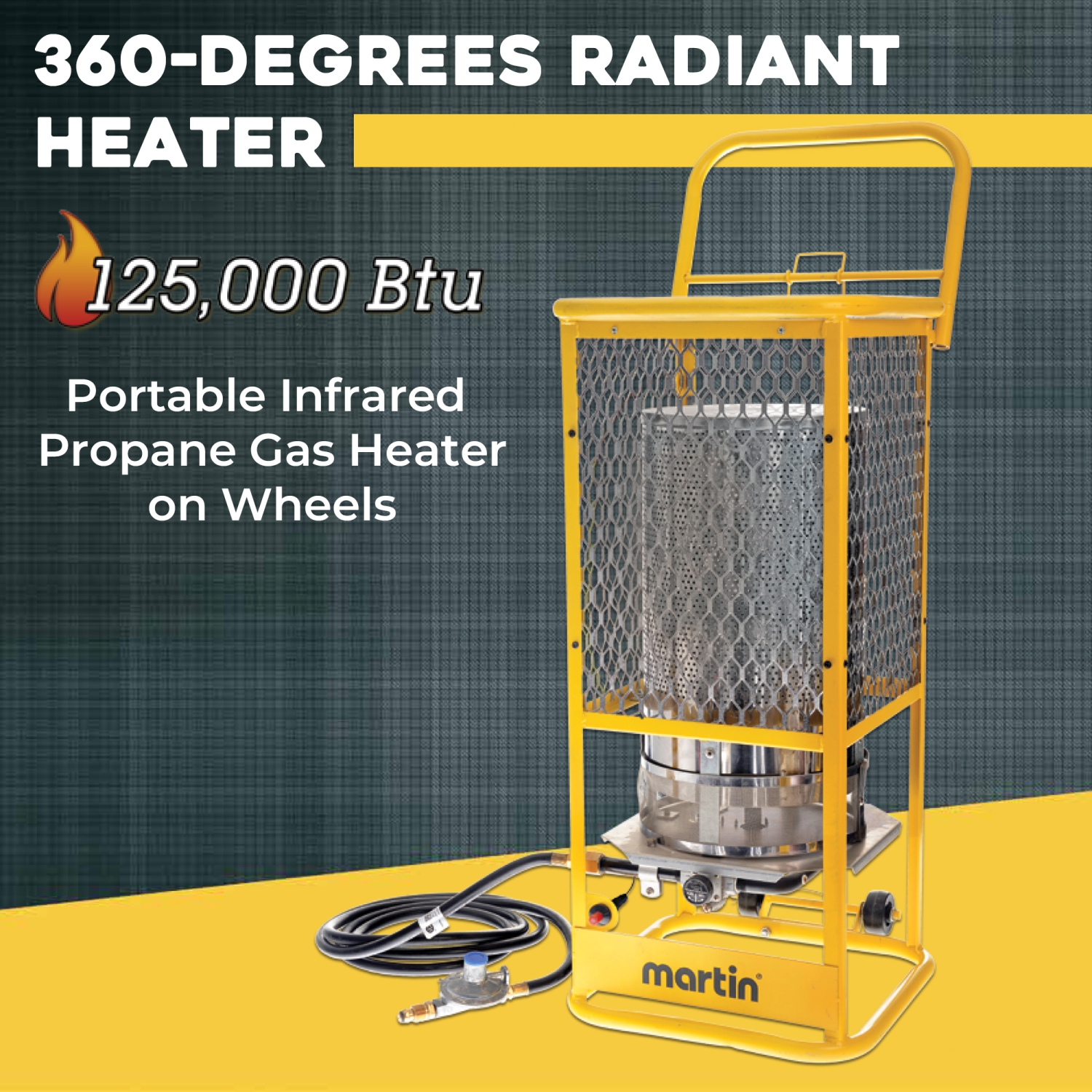 Martin GF125LP 360-Degrees Radiant Heater - 125,000 BTU Portable Infrared Propane Gas Heater on Wheels; Surround Heat for Outdoor Use, Construction