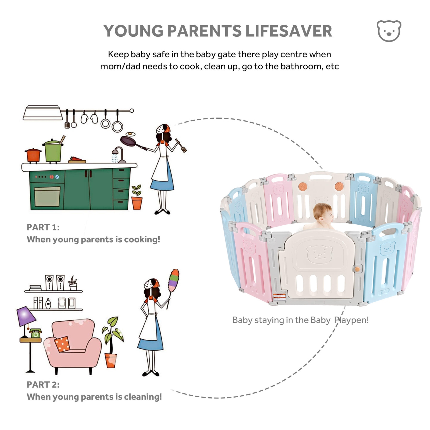 Parc pour bébé à 14 panneaux, Centre d'activités pour enfants Baby Fence, barrières de sécurité pour bébé pour intérieur extérieur