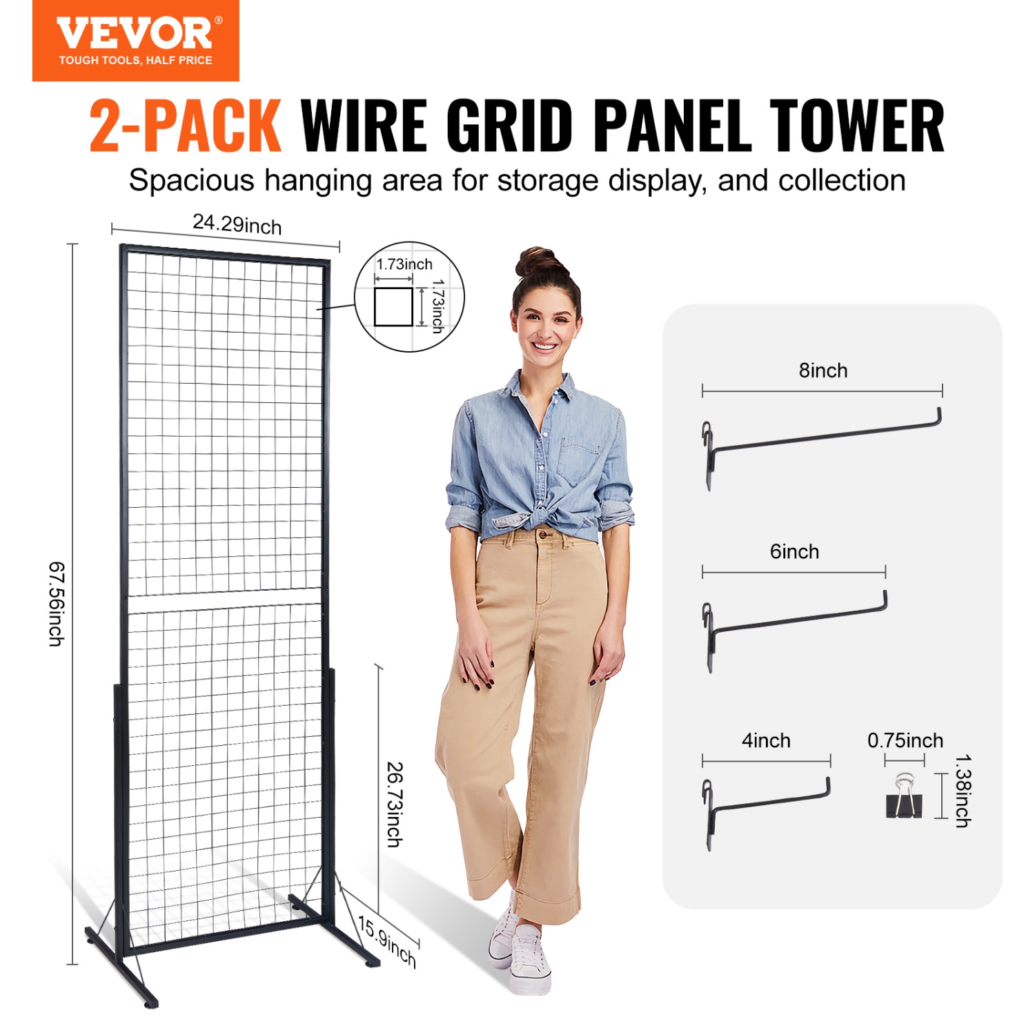 VEVOR 2' x 5.6' Grid Wall Panels Tower, 2 Packs Wire Gridwall Display Racks with T-Base Floorstanding, Double Side Gridwall Panels, Retail Display