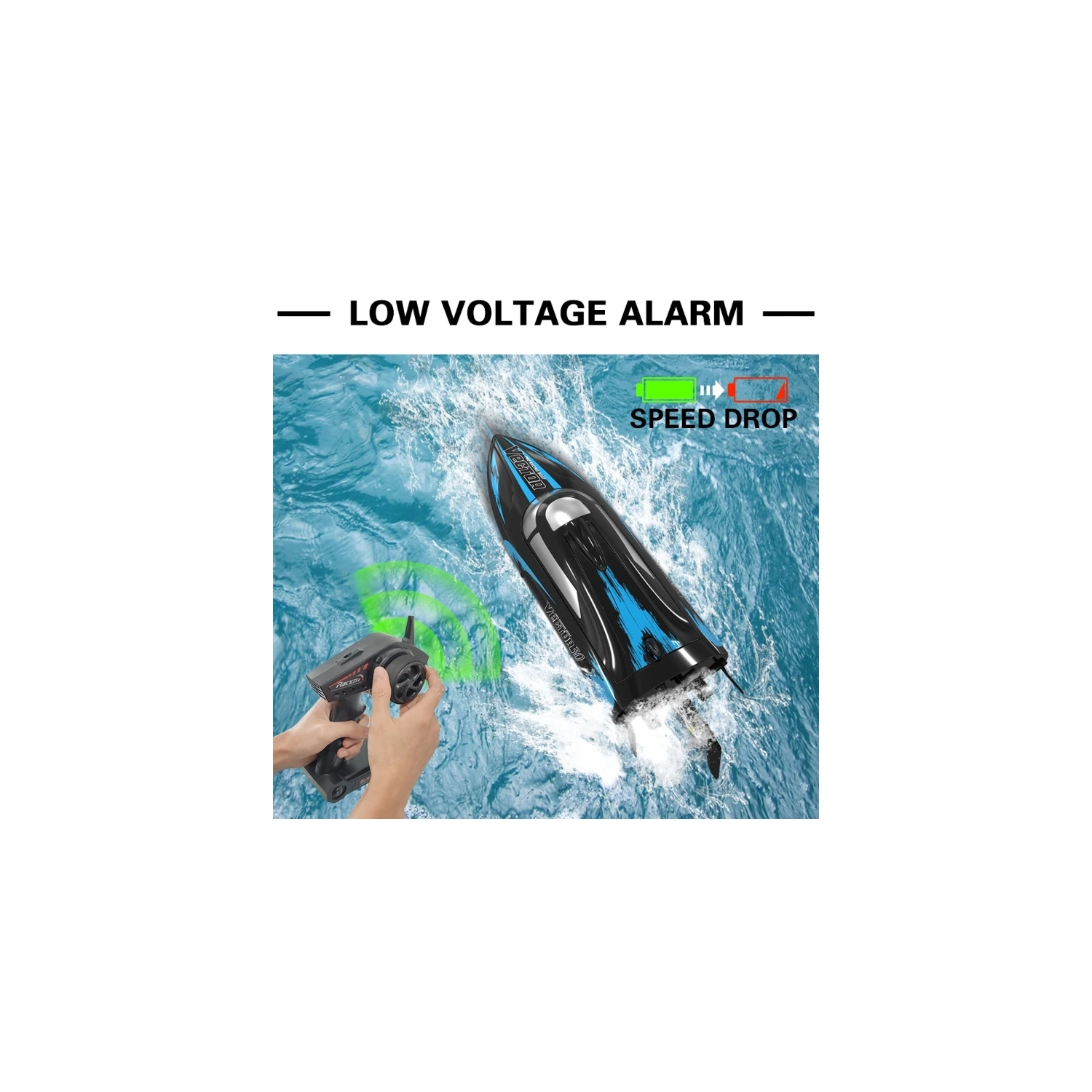 Bateau téléguidé sans balai, bateau télécommandé rapide avec fonction d'alarme de batterie faible à redressement automatique pour piscines et lacs,