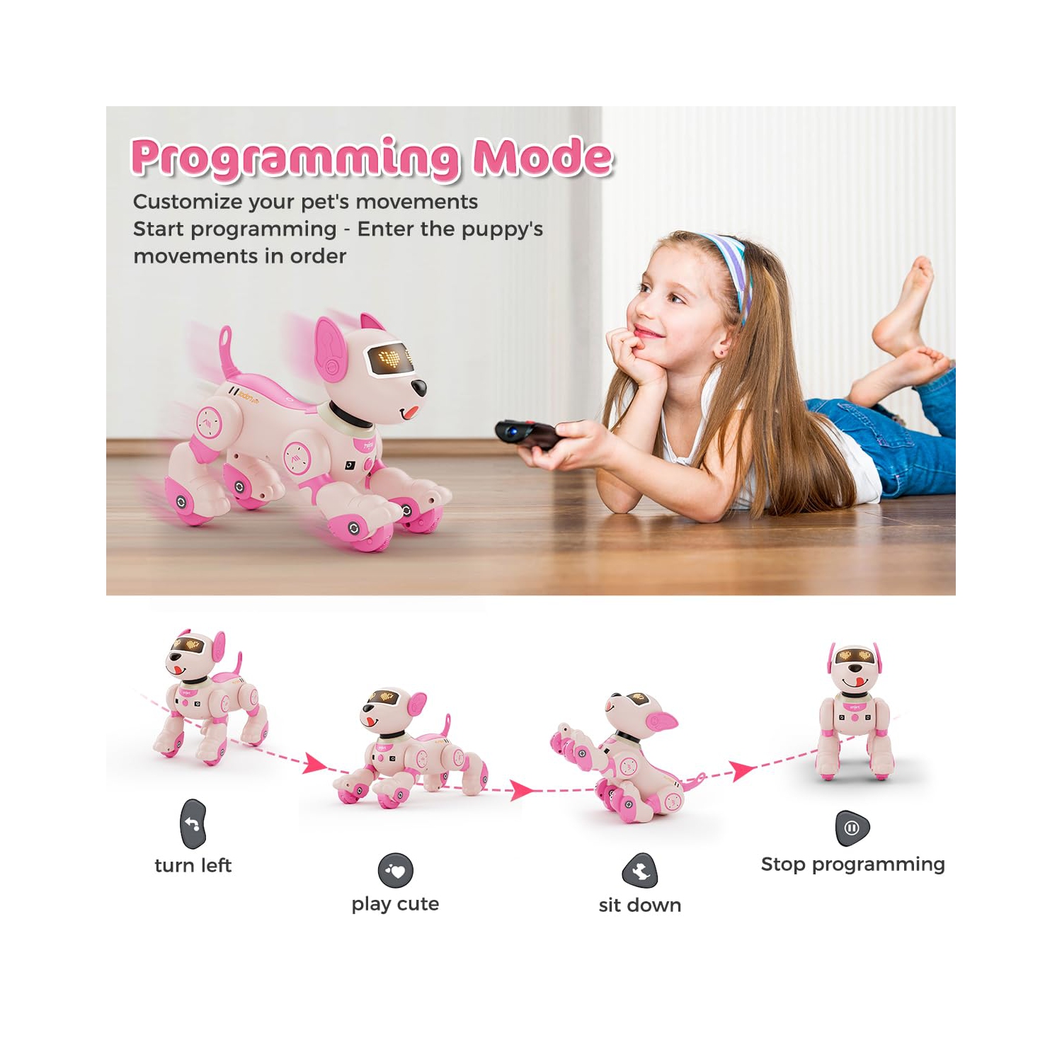 Chien robot pour enfants, animal de compagnie robot téléguidé vocal et 2,4 GHz avec capteurs tactiles interactifs, chiot robotique pour garçons