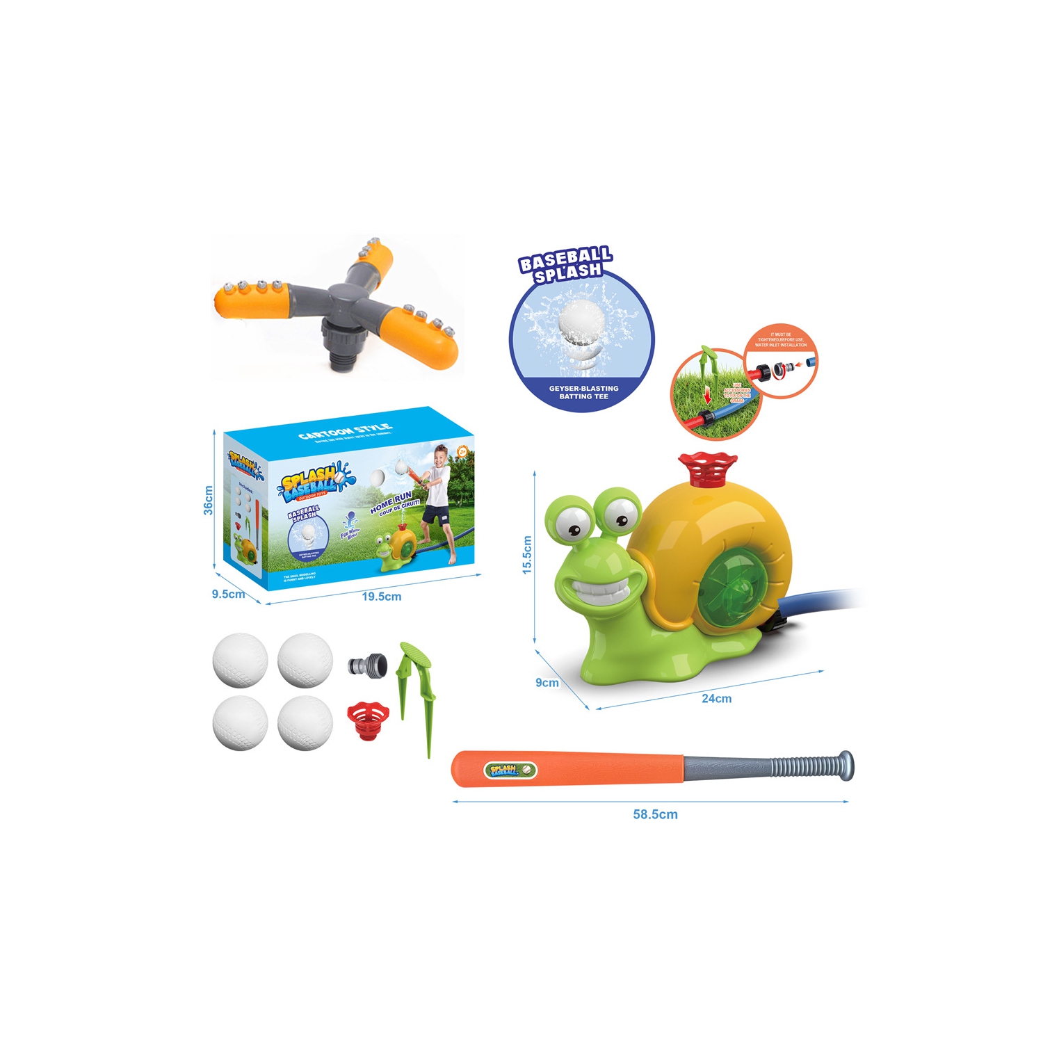 Gicleur d'eau jouet de baseball pour le jeu extérieur, jeu d'eau 2 en 1 Snail Summer Water Game for Summer Backyard Lawn Pool Party