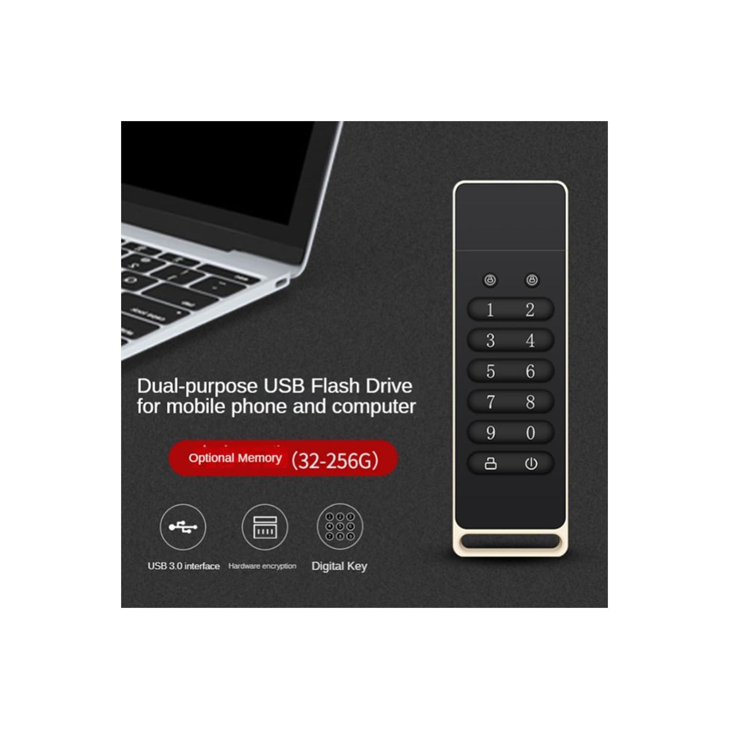 Clé USB 3,0 sécurisée AES-256 Clé USB à chiffrement numérique – Sécurité au niveau du matériel, compacte, durable et portative