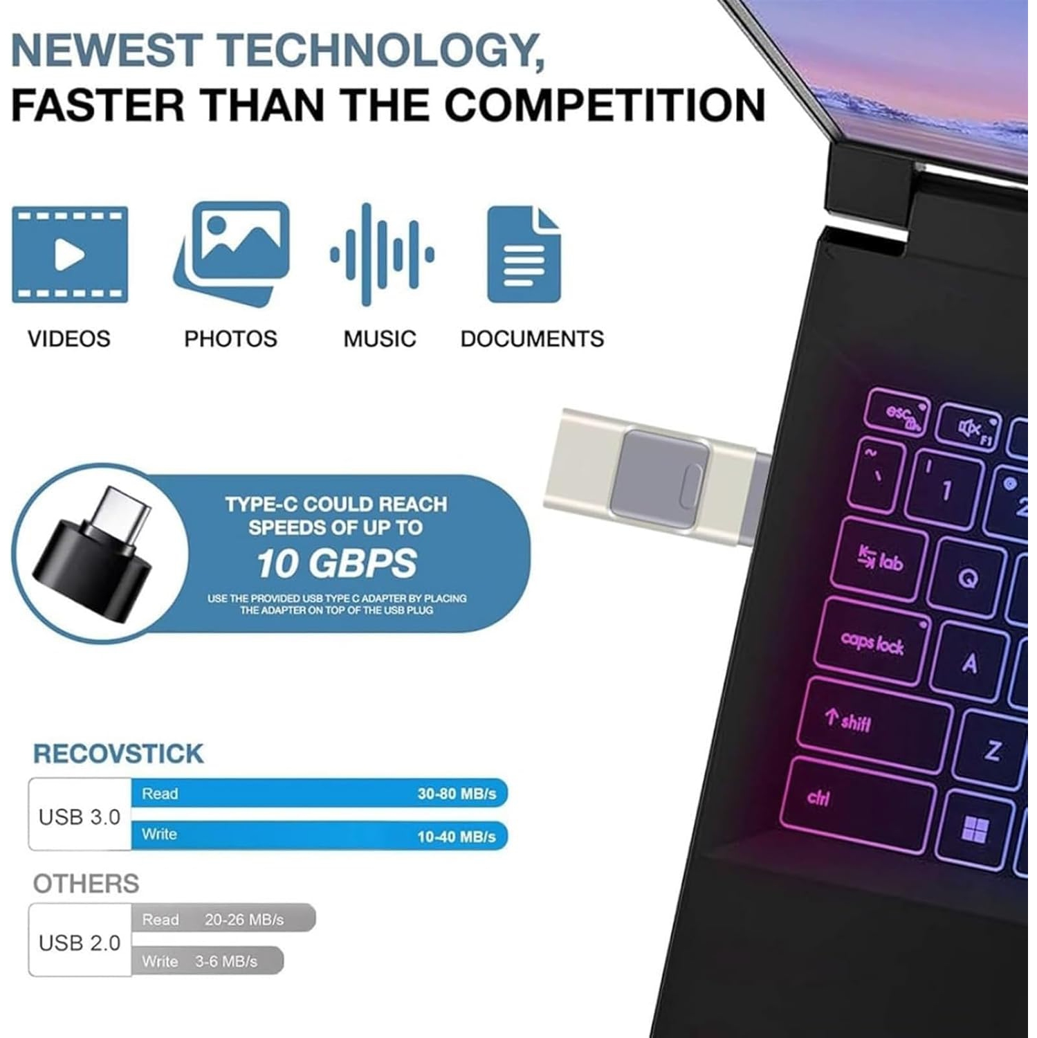 Clé USB 3,0 de type C multifonctionnelle pour Android/iPhone/ordinateurs Petit, durable, portatif, grande capacité de stockage