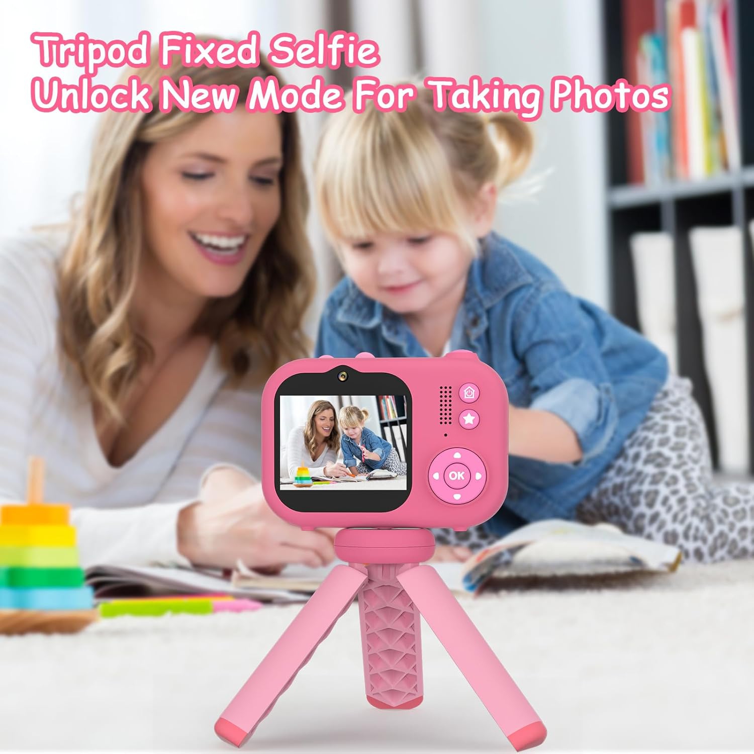 Children's camera, infant HD digital video camera, children's camera, children's birthday gift - pink + tripod