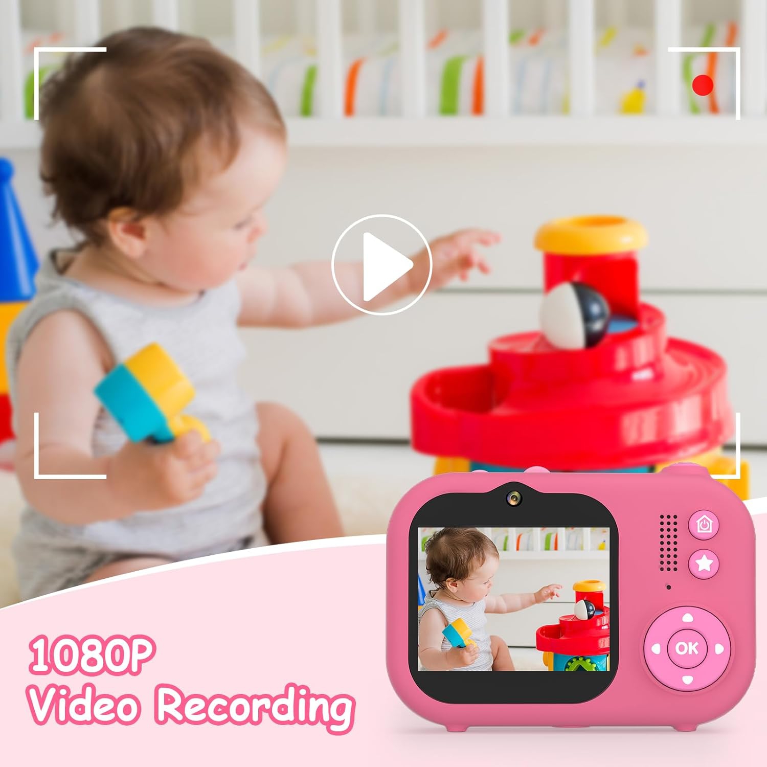 Children's camera, infant HD digital video camera, children's camera, children's birthday gift - pink + tripod