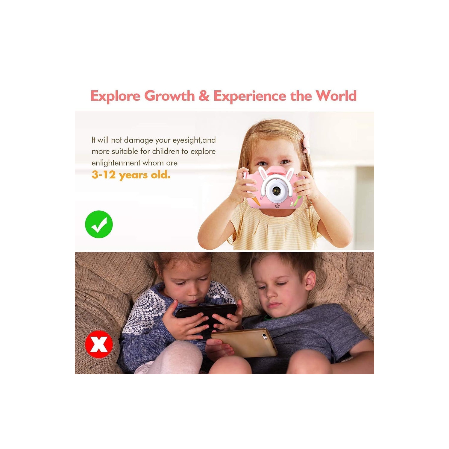 Appareil photo à égoportrait pour enfants Cadeau d'anniversaire de Noël idéal pour les enfants de 3-9 à 7 ans Appareil photo numérique HD idéal pour