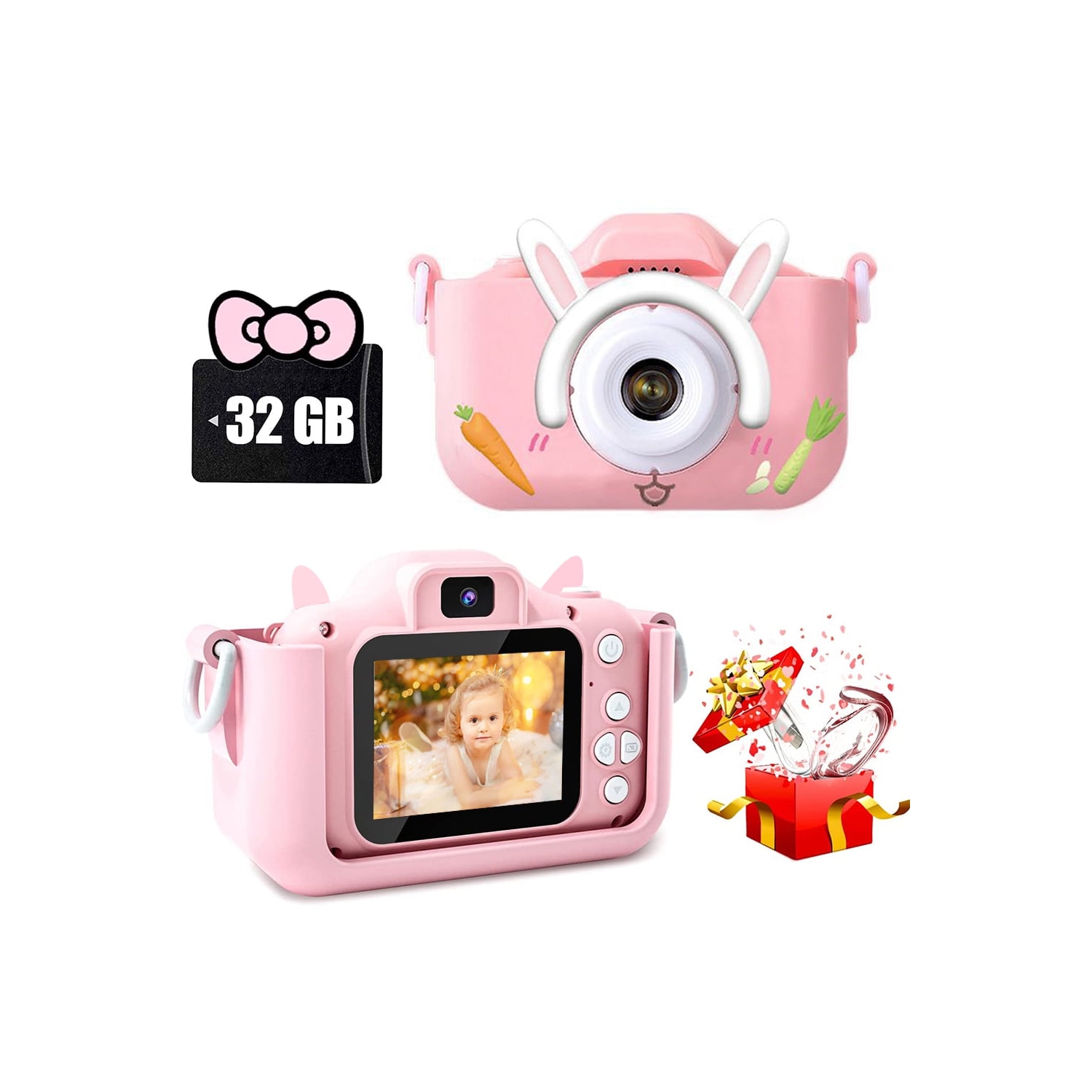 Children's selfie camera Christmas, birthday gifts suitable for children aged 3-9 HD digital camera suitable for toddlers portable toys (pink rabbit + 32GB memory card)