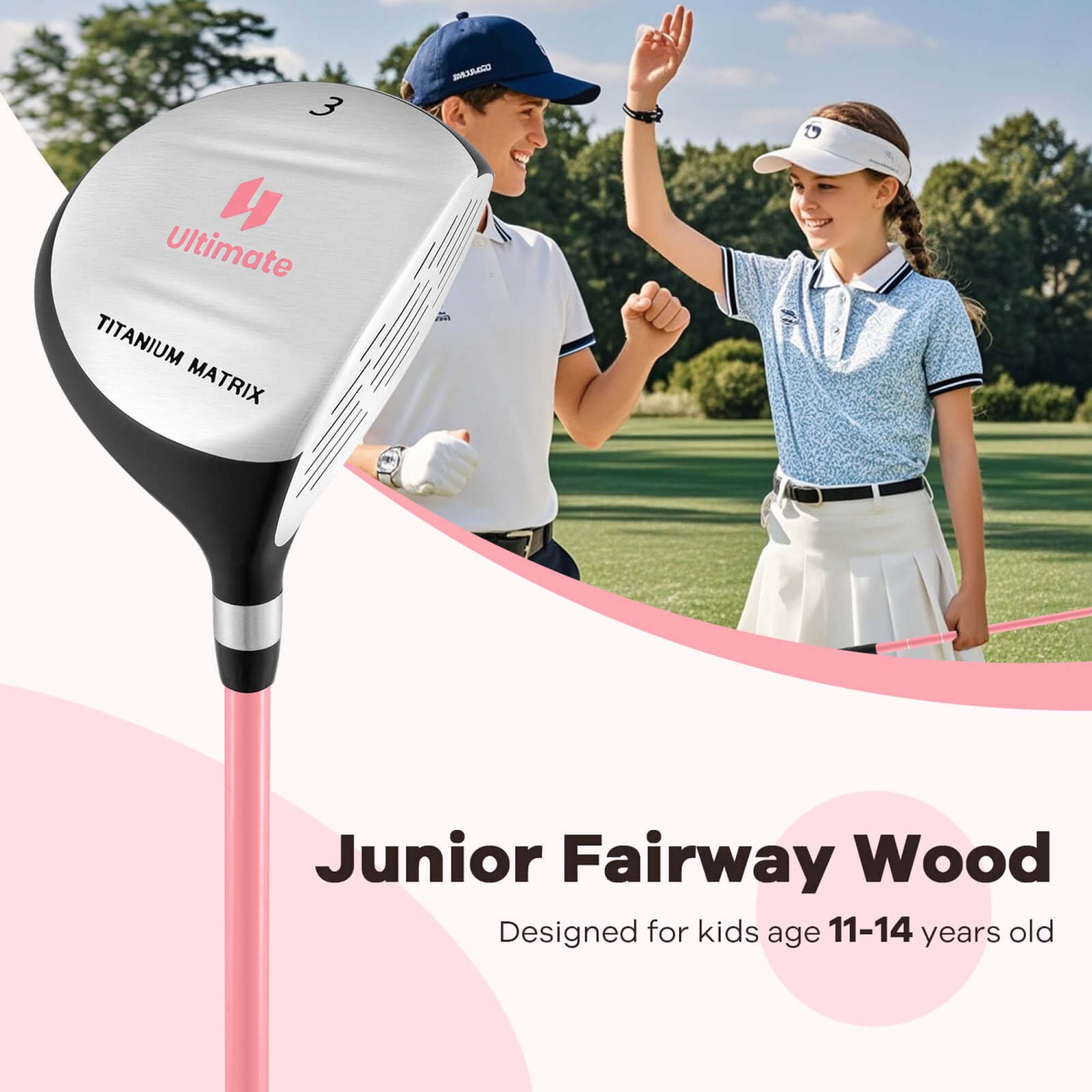 Ultimate 165CC Junior no 3 Fairway Wood pour enfants avec tige en fibre de verre et couvre-tête bleu/rose