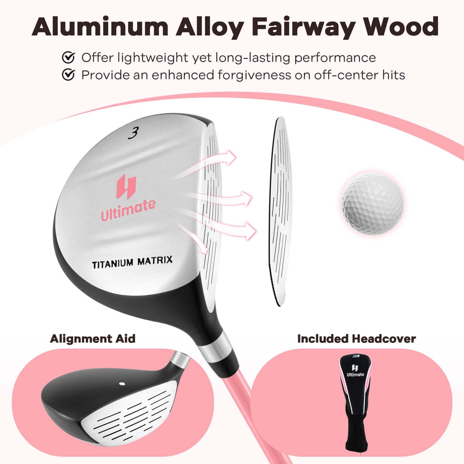 Ultimate 165CC Junior no 3 Fairway Wood pour enfants avec tige en fibre de verre et couvre-tête bleu/rose