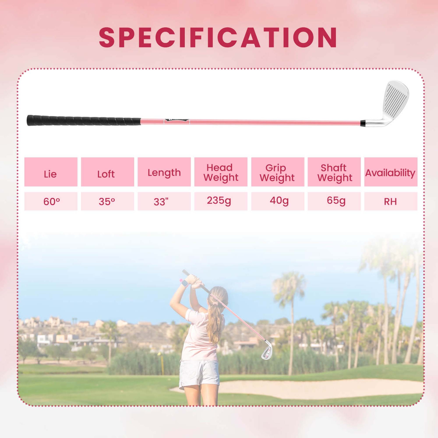 Fer à repasser no 7 Junior de 33&nbsp;po d'Ultimate avec tige en fibre de verre et couvre-tête Gold Club bleu/rose