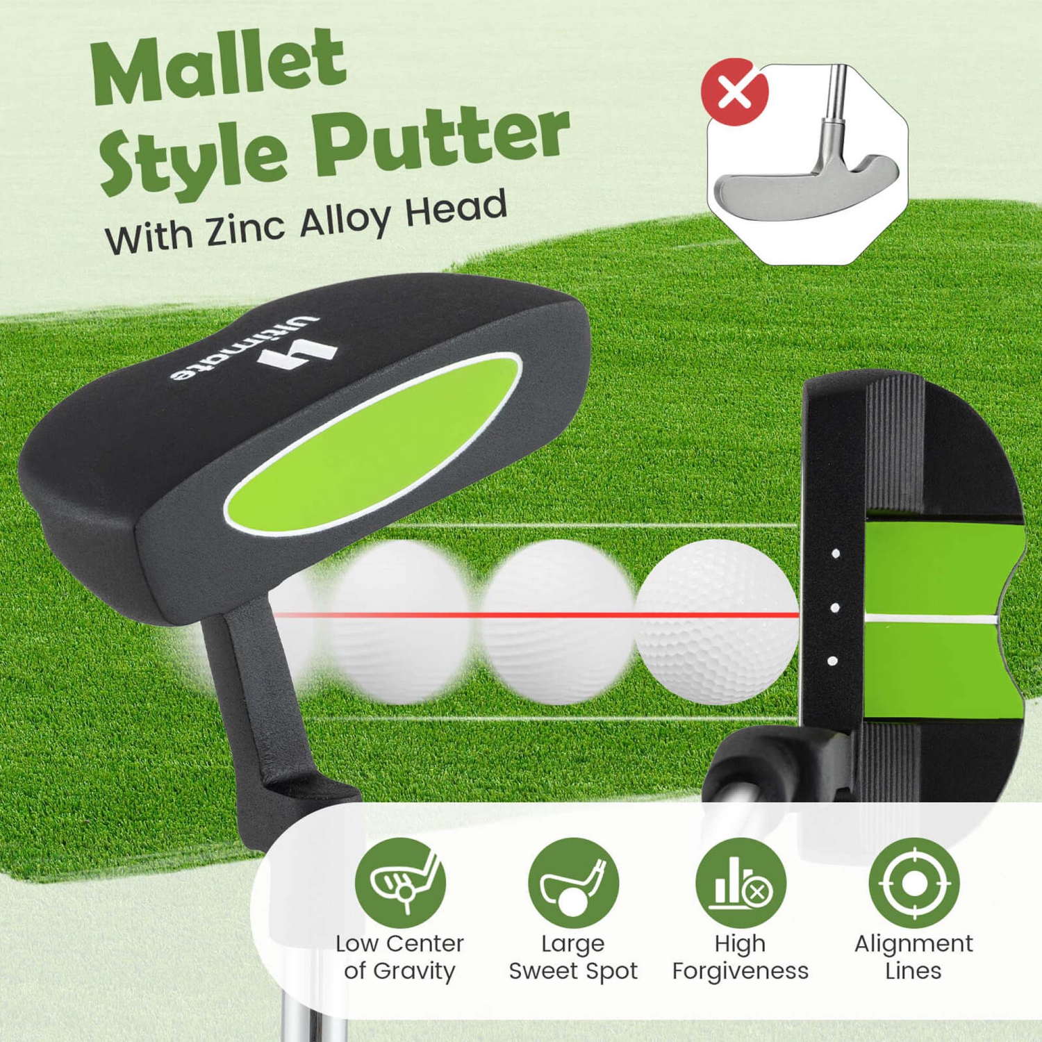 Putter de maillet Junior de 27&nbsp;po d'Ultimate pour enfants avec tige en acier inoxydable et couvre-tête vert/jaune