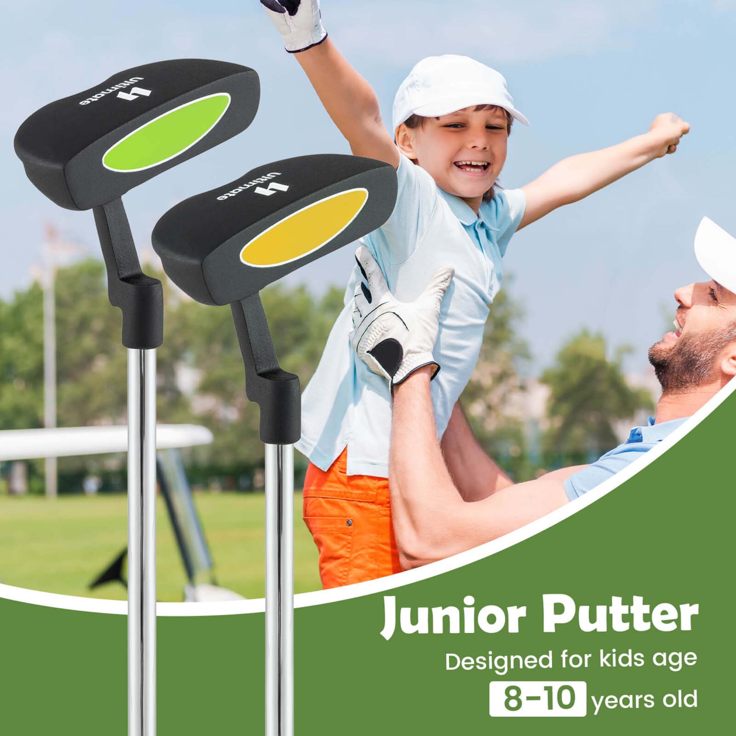 Putter de maillet Junior de 27&nbsp;po d'Ultimate pour enfants avec tige en acier inoxydable et couvre-tête vert/jaune