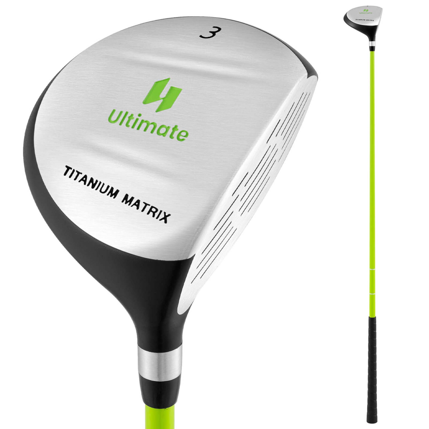 Ultimate 165CC Junior no 3 Fairway Wood pour enfants avec tige en fibre de verre et couvre-tête vert/jaune