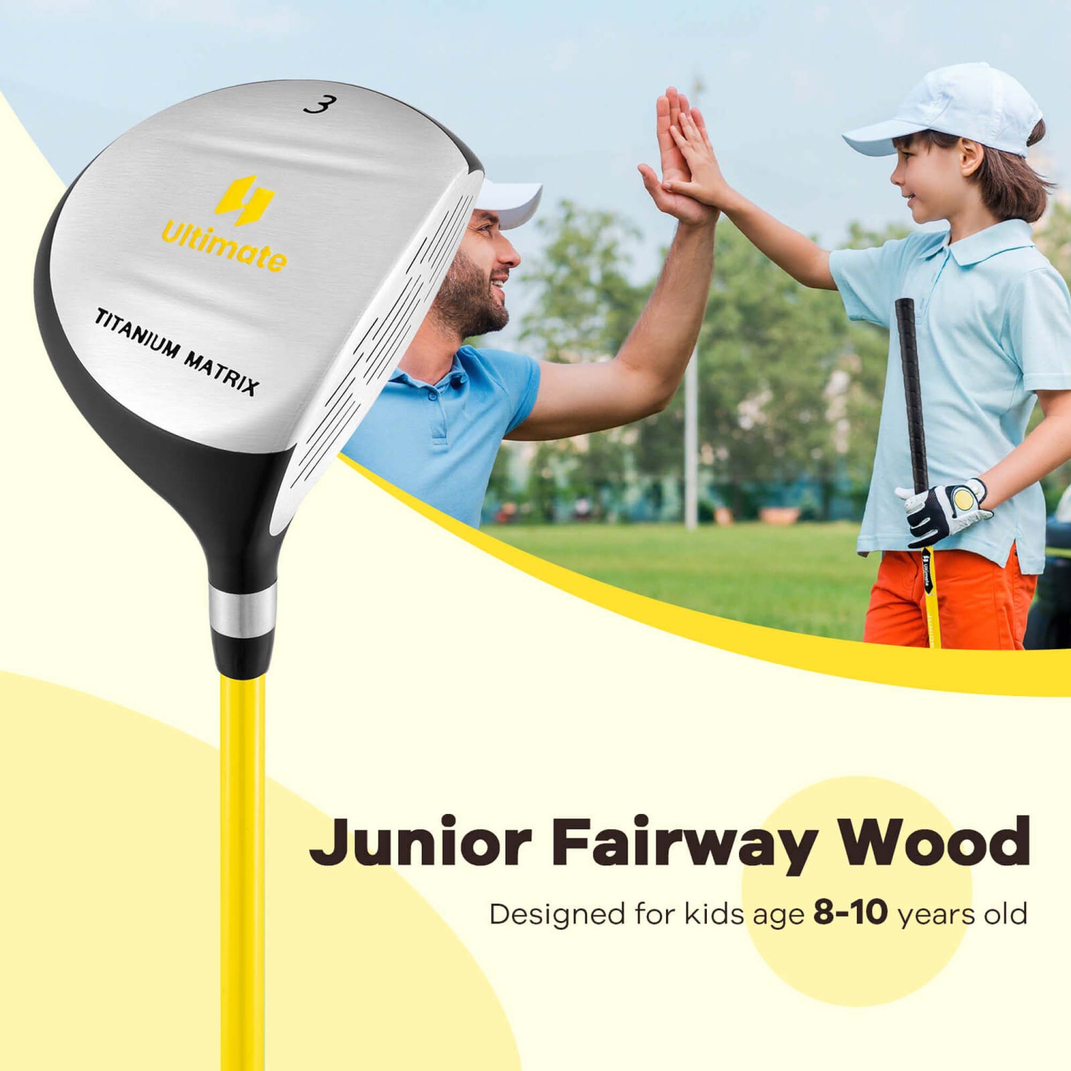 Ultimate 165CC Junior no 3 Fairway Wood pour enfants avec tige en fibre de verre et couvre-tête vert/jaune