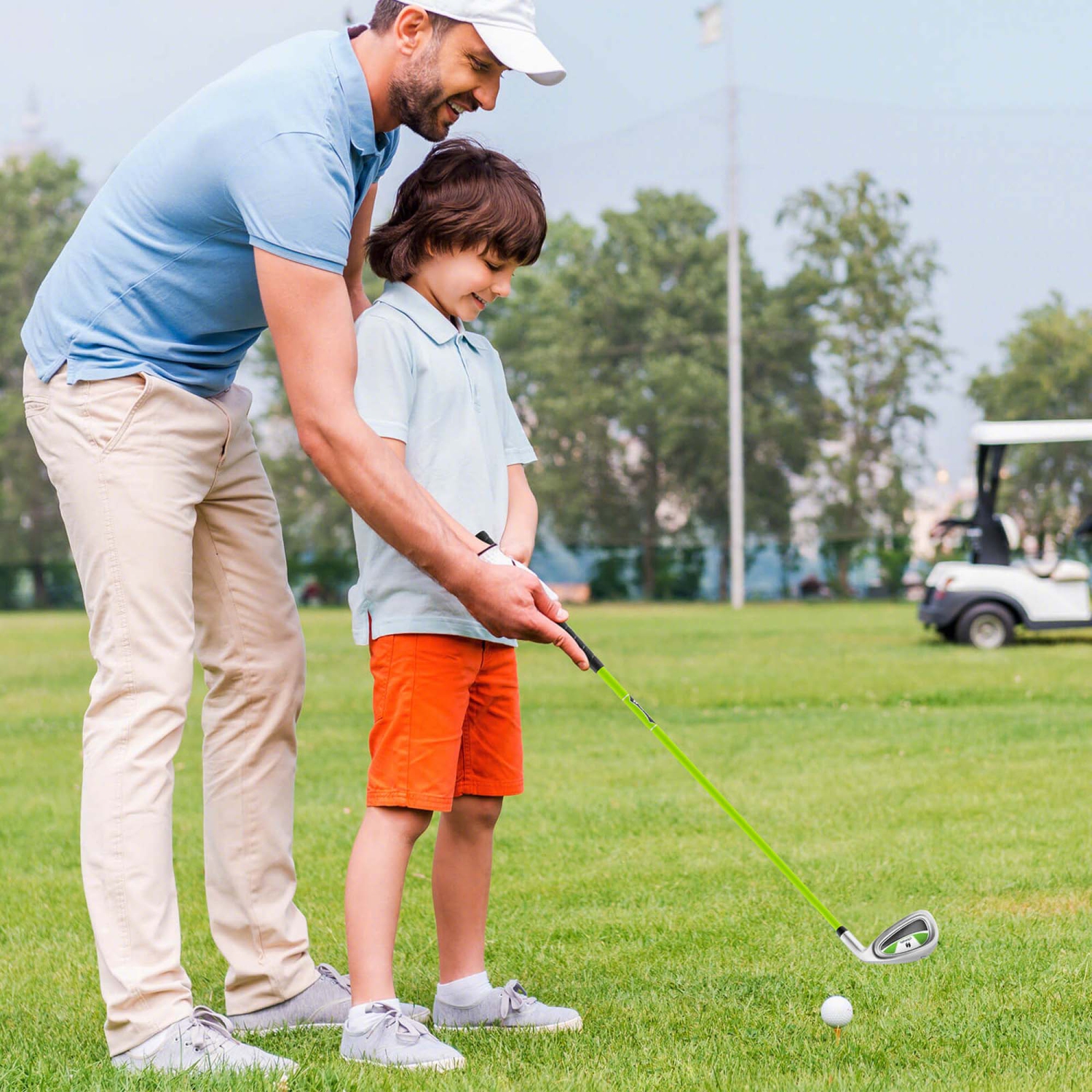 Ultimate Junior – Fer no 7 pour enfants avec tige en fibre de verre et couvre-tête, bâton de golf Junior Practice, vert/jaune