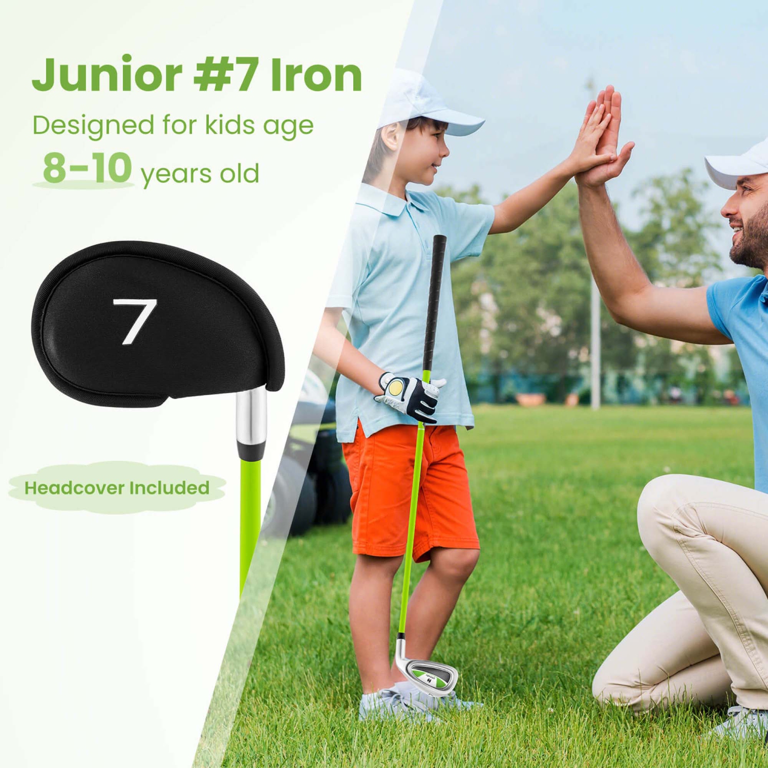 Ultimate Junior – Fer no 7 pour enfants avec tige en fibre de verre et couvre-tête, bâton de golf Junior Practice, vert/jaune