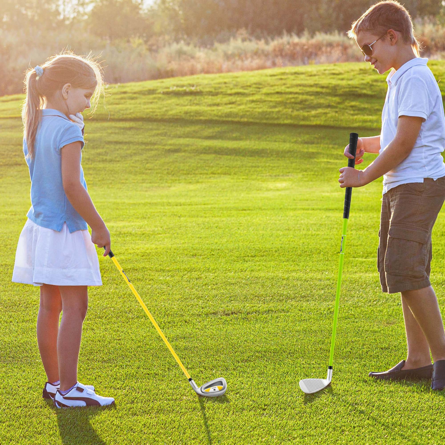 Ultimate Junior – Fer no 7 pour enfants avec tige en fibre de verre et couvre-tête, bâton de golf Junior Practice, vert/jaune