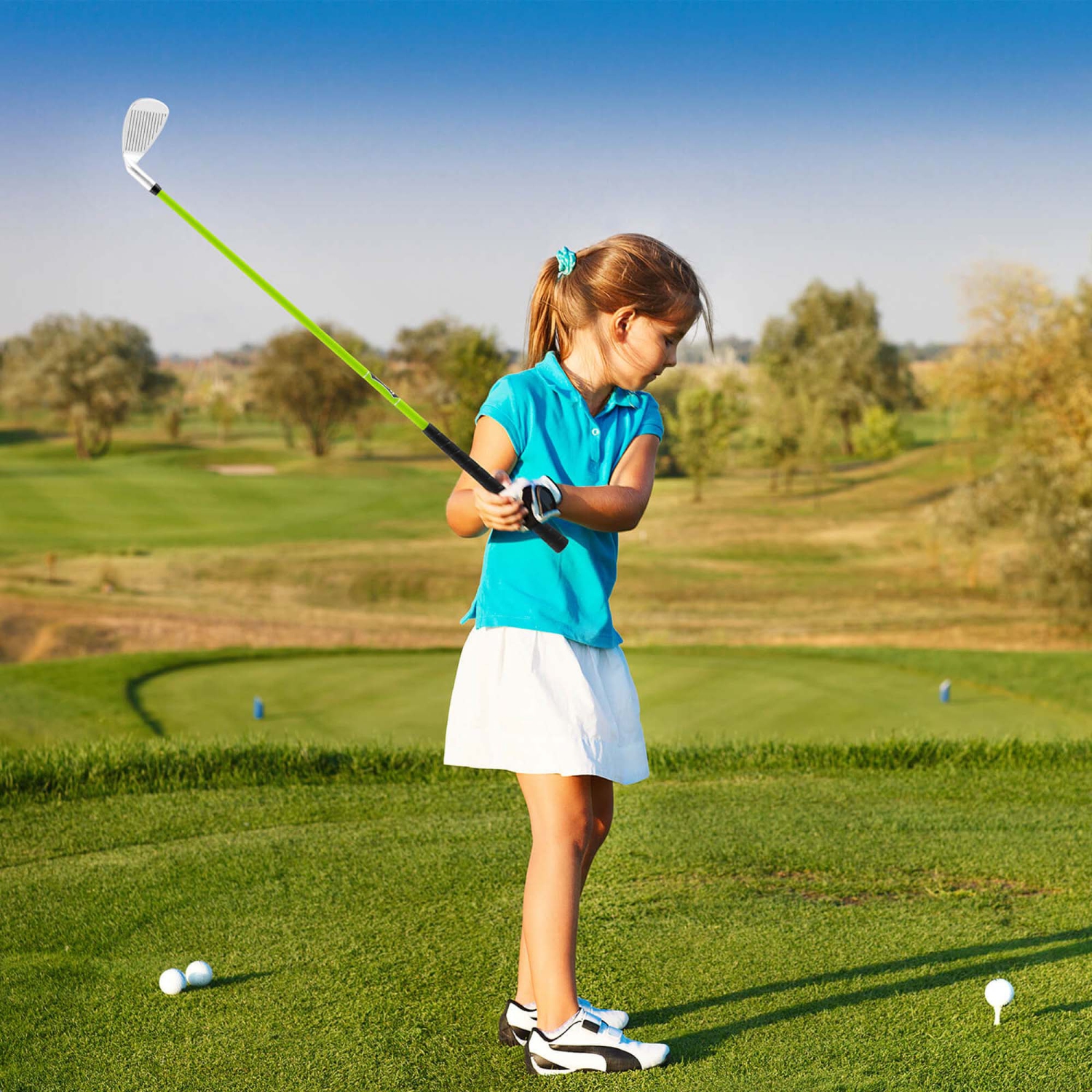 Ultimate Junior – Fer no 7 pour enfants avec tige en fibre de verre et couvre-tête, bâton de golf Junior Practice, vert/jaune