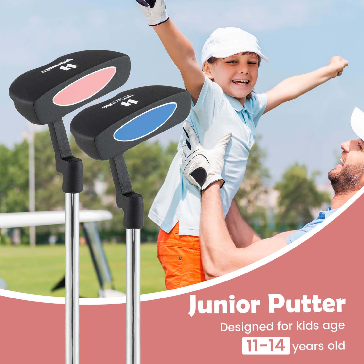 Ultimate 30 Inch Junior Mallet Putter for Kids with Stainless Steel Shaft and Headcover Blue/Pink