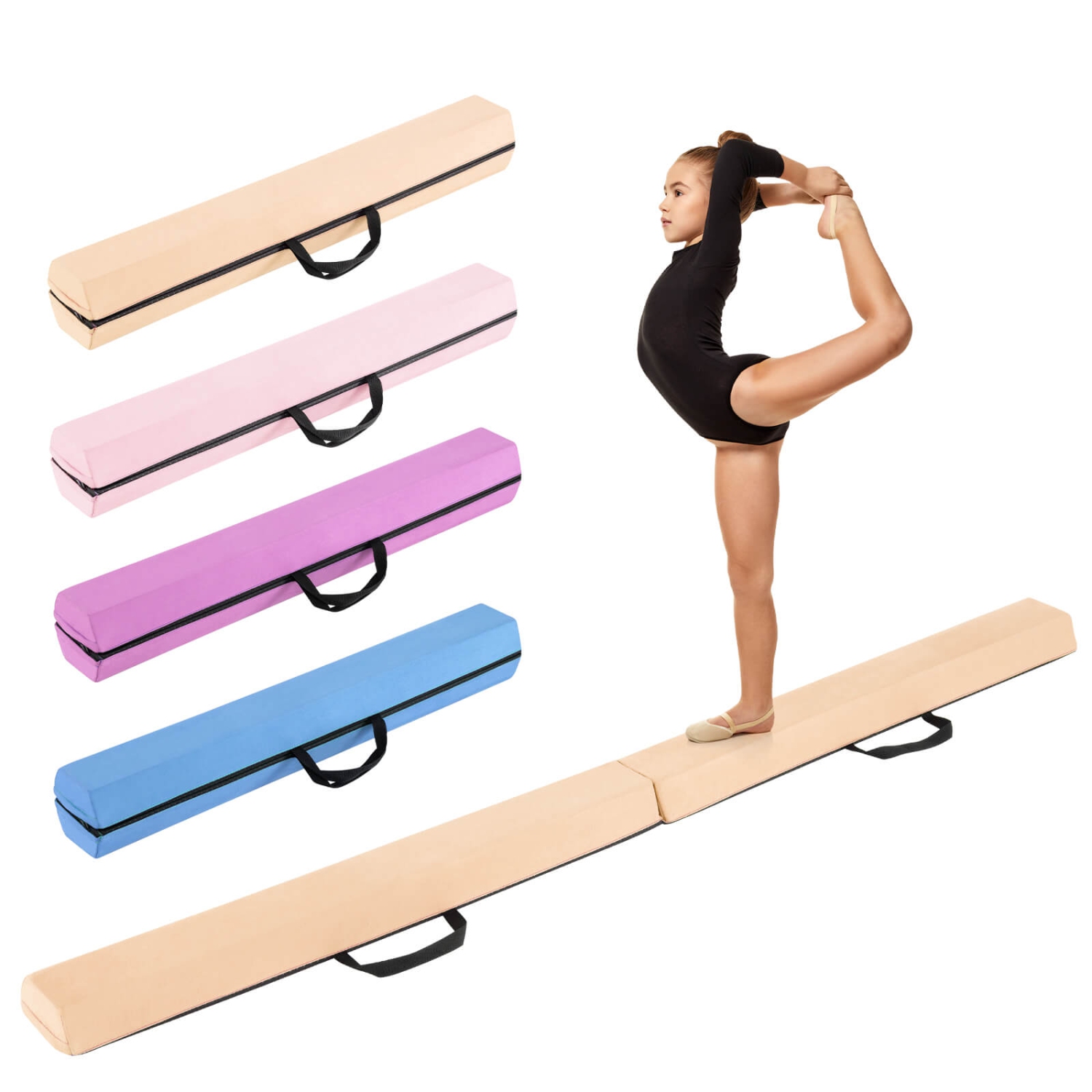 Poutre de gymnastique pliante en mousse avec poutre d'équilibre de 7 pi de Costway avec poignées de transport bleu/violet/kaki