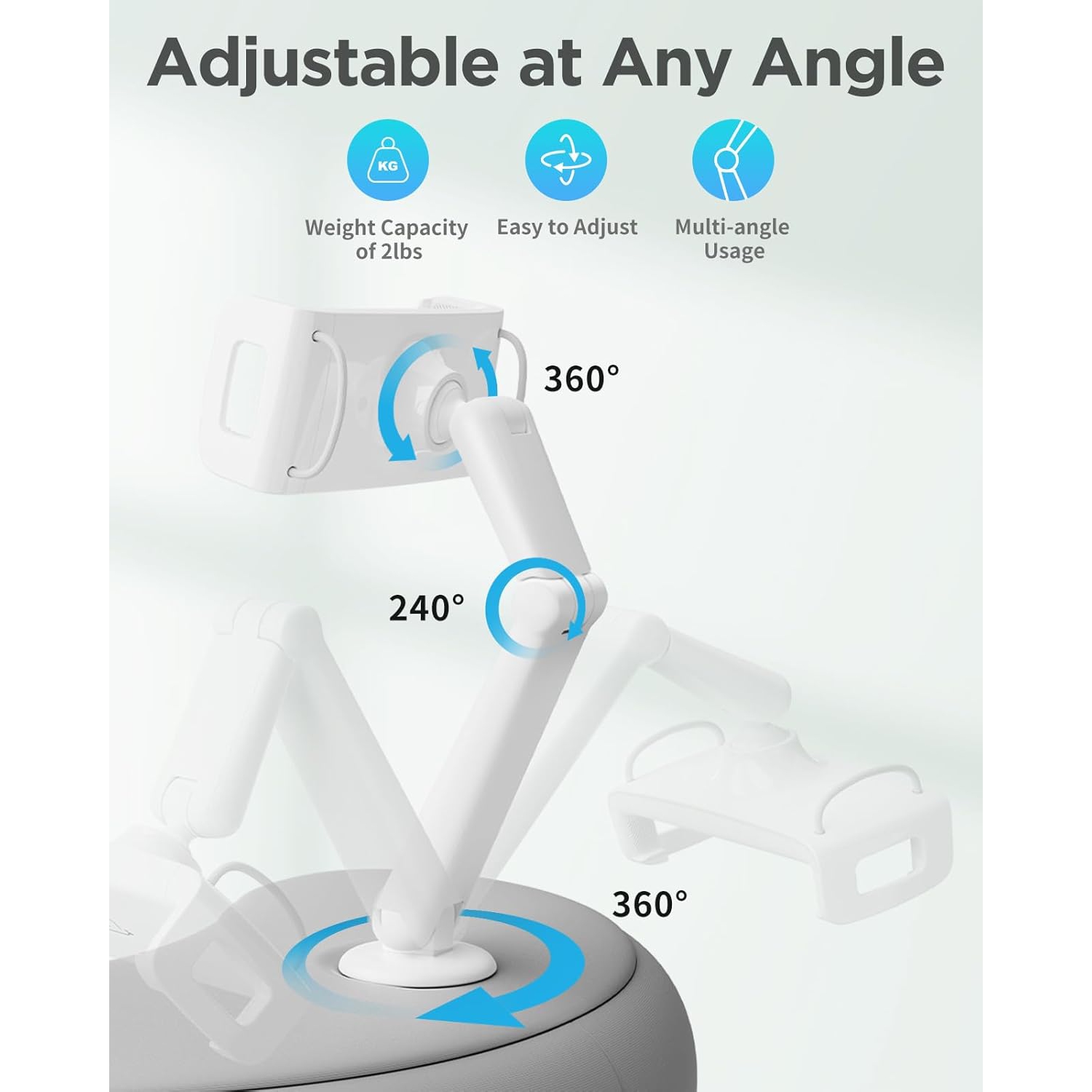 Support pour tablette réglable à 360° pour lit de SAIJI – Compatible avec les appareils de 4,7 à 15,6" – Bras à deux axes, coussin microbilles – Gris