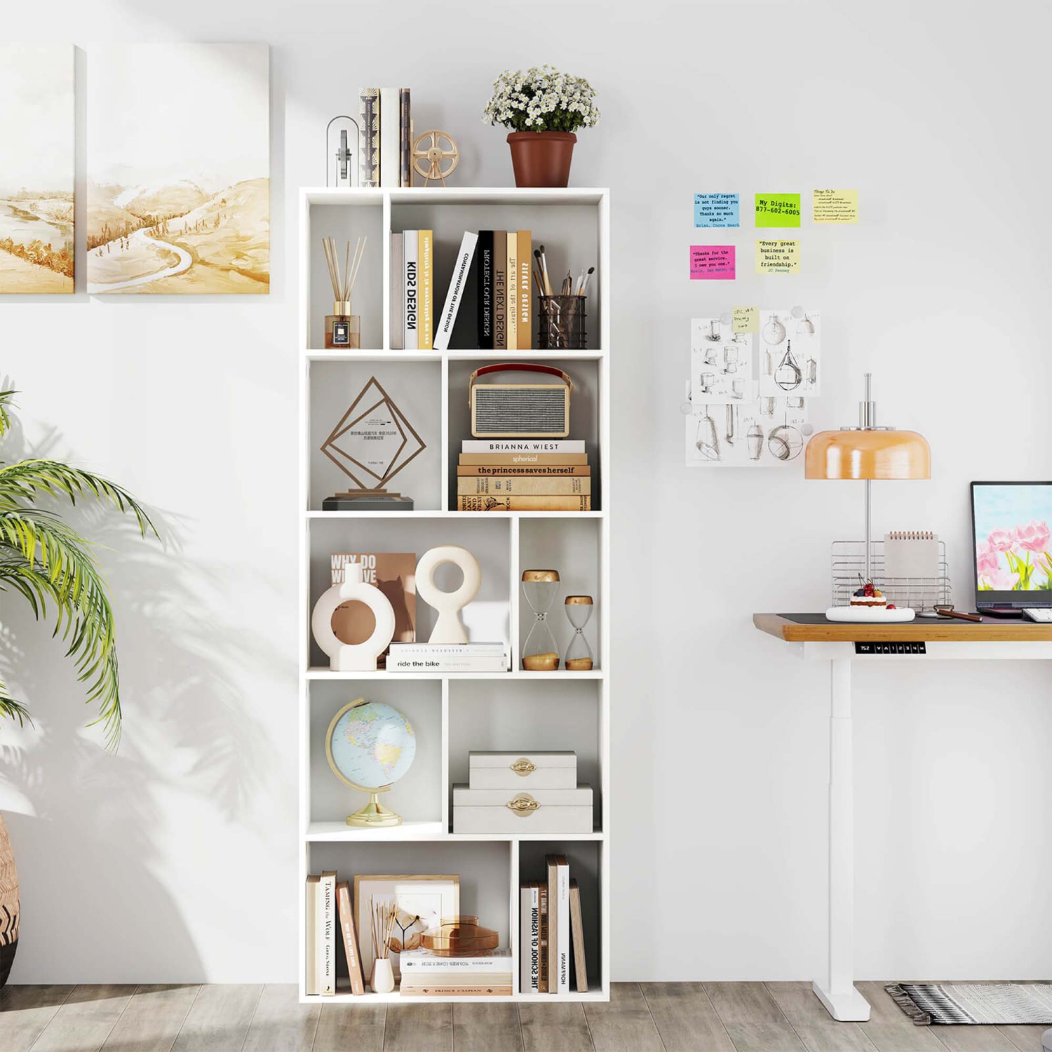 Bibliothèque ouverte au sol de 63&nbsp;po de hauteur avec 10 compartiments et 5 panneaux antichute à l'arrière 1/2 PCS de Costway