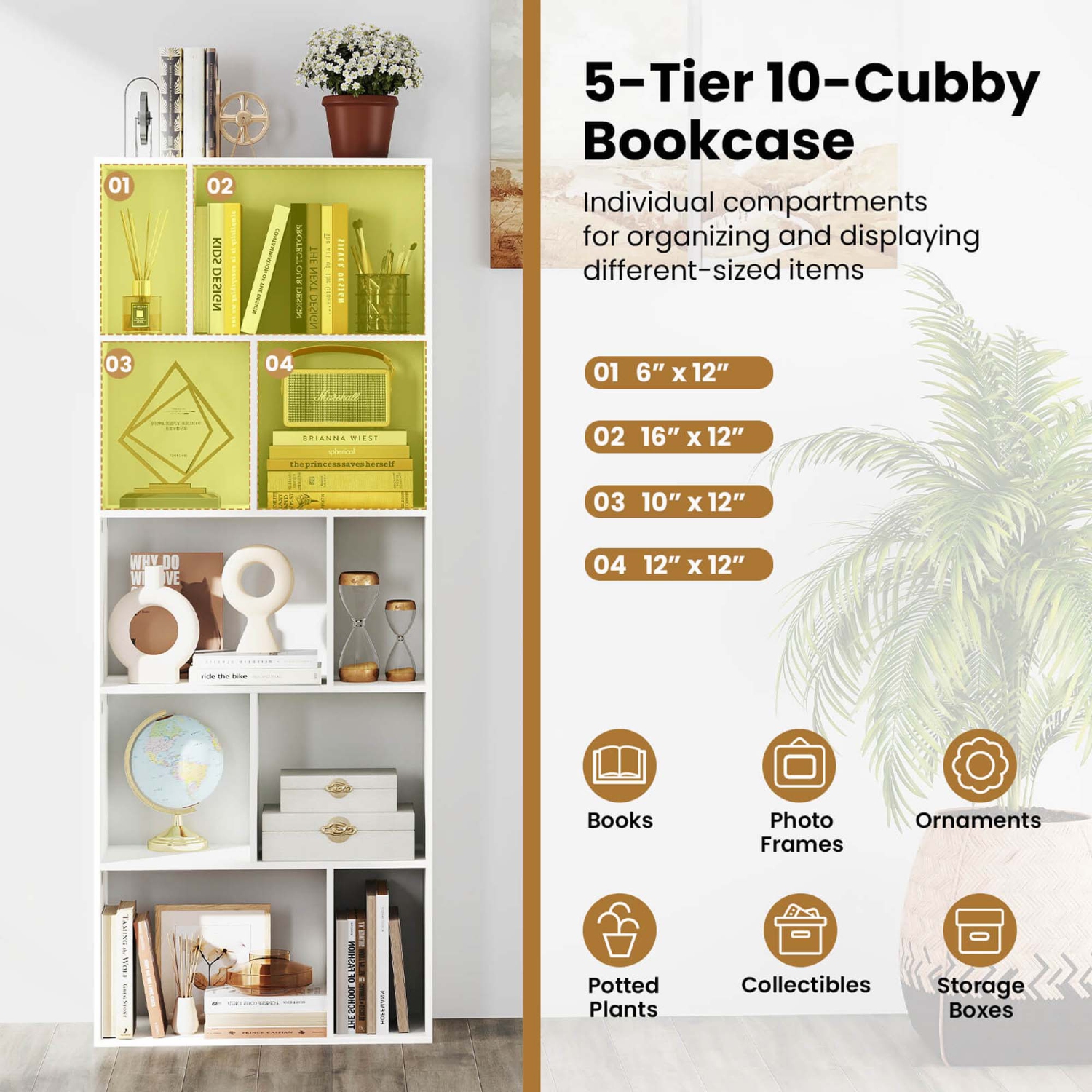 Bibliothèque ouverte au sol de 63&nbsp;po de hauteur avec 10 compartiments et 5 panneaux antichute à l'arrière 1/2 PCS de Costway