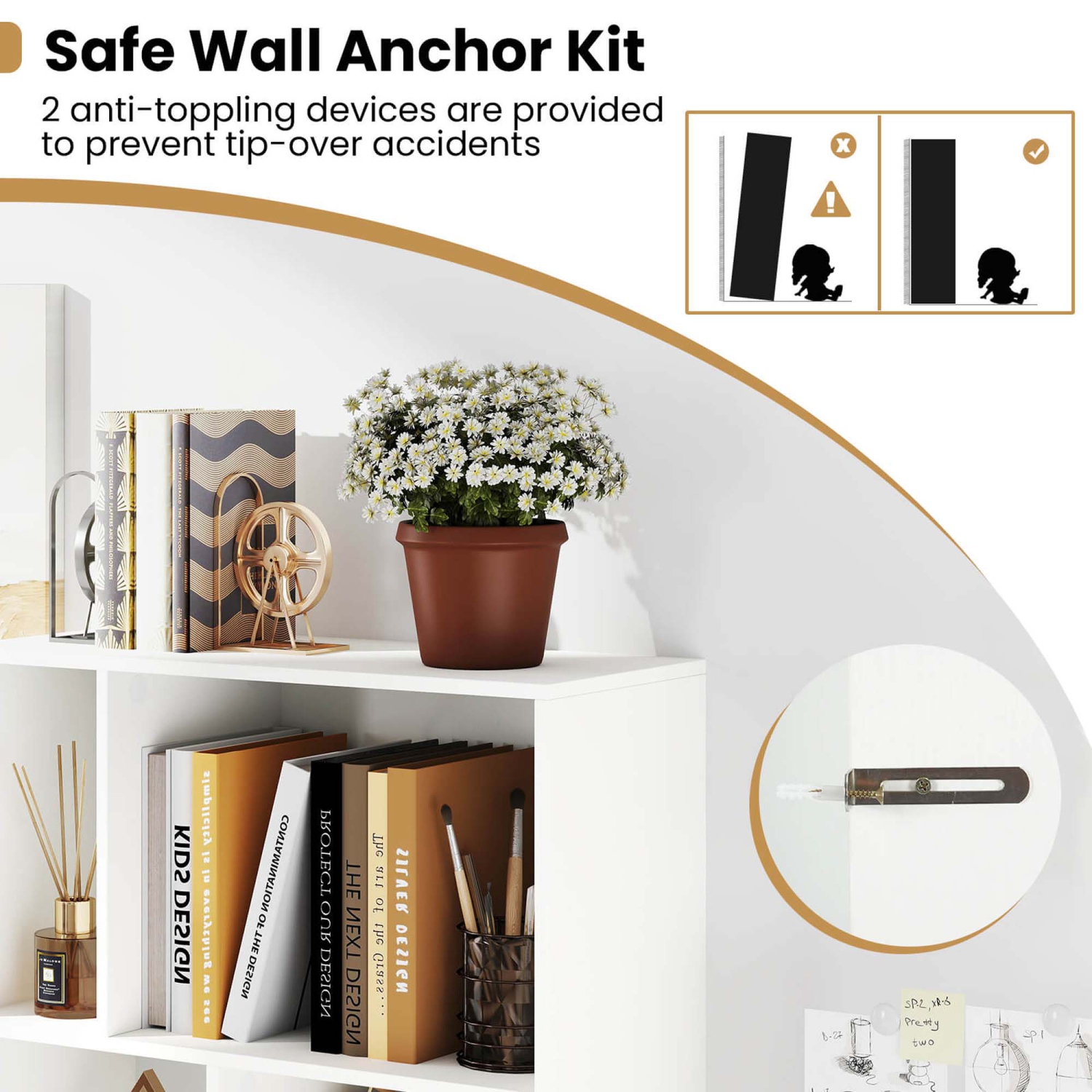 Bibliothèque ouverte au sol de 63&nbsp;po de hauteur avec 10 compartiments et 5 panneaux antichute à l'arrière 1/2 PCS de Costway