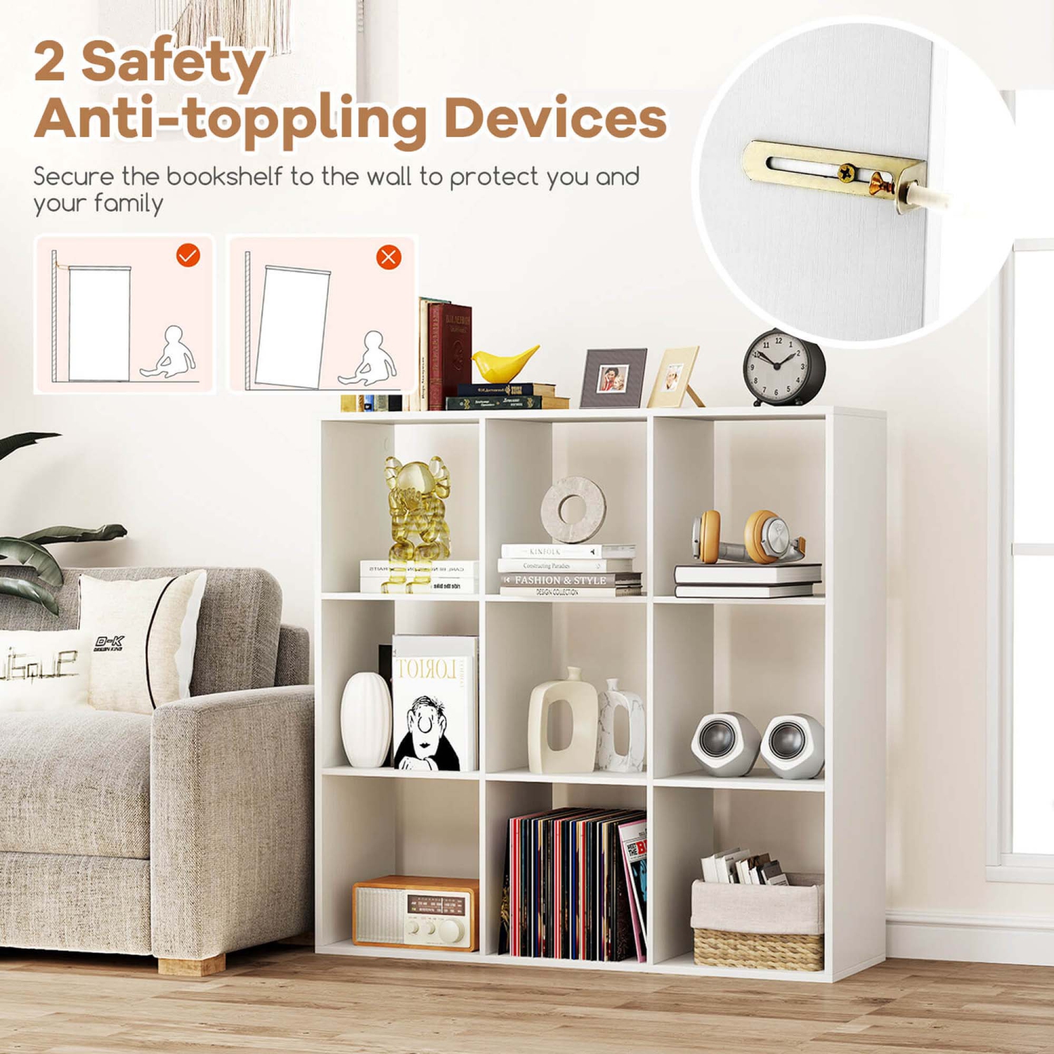 Étagère ouverte 4/6/8/9-Cube de Costway avec ensembles antibasculement Home Étagère de rangement moderne pour étude