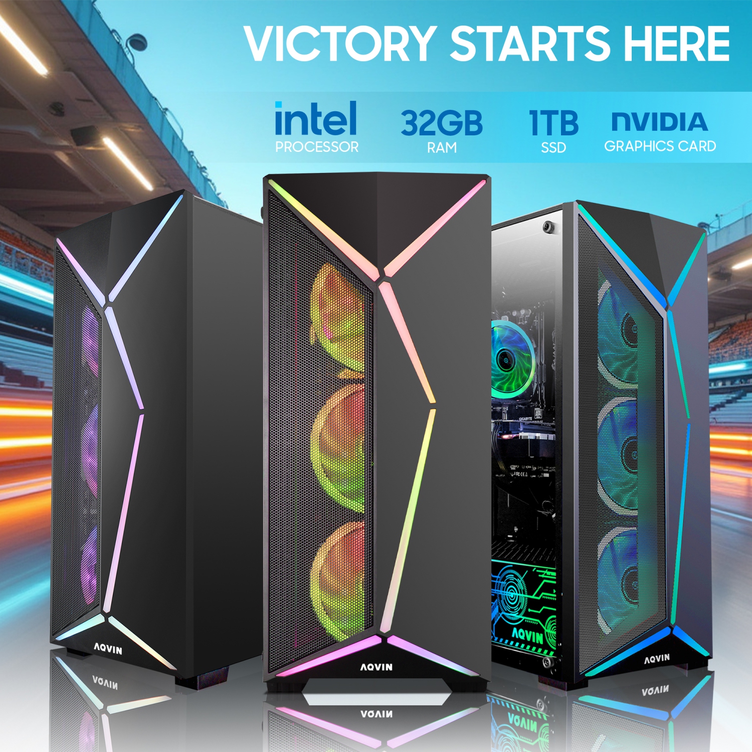 AQVIN-AQ80 Gaming Desktop Computer Tower PC, GeForce RTX 5050 8GB GDDR6 , Intel Core i7 processor, 32GB RAM, 2TB SSD, Windows 11 Pro, Gaming Keyboard