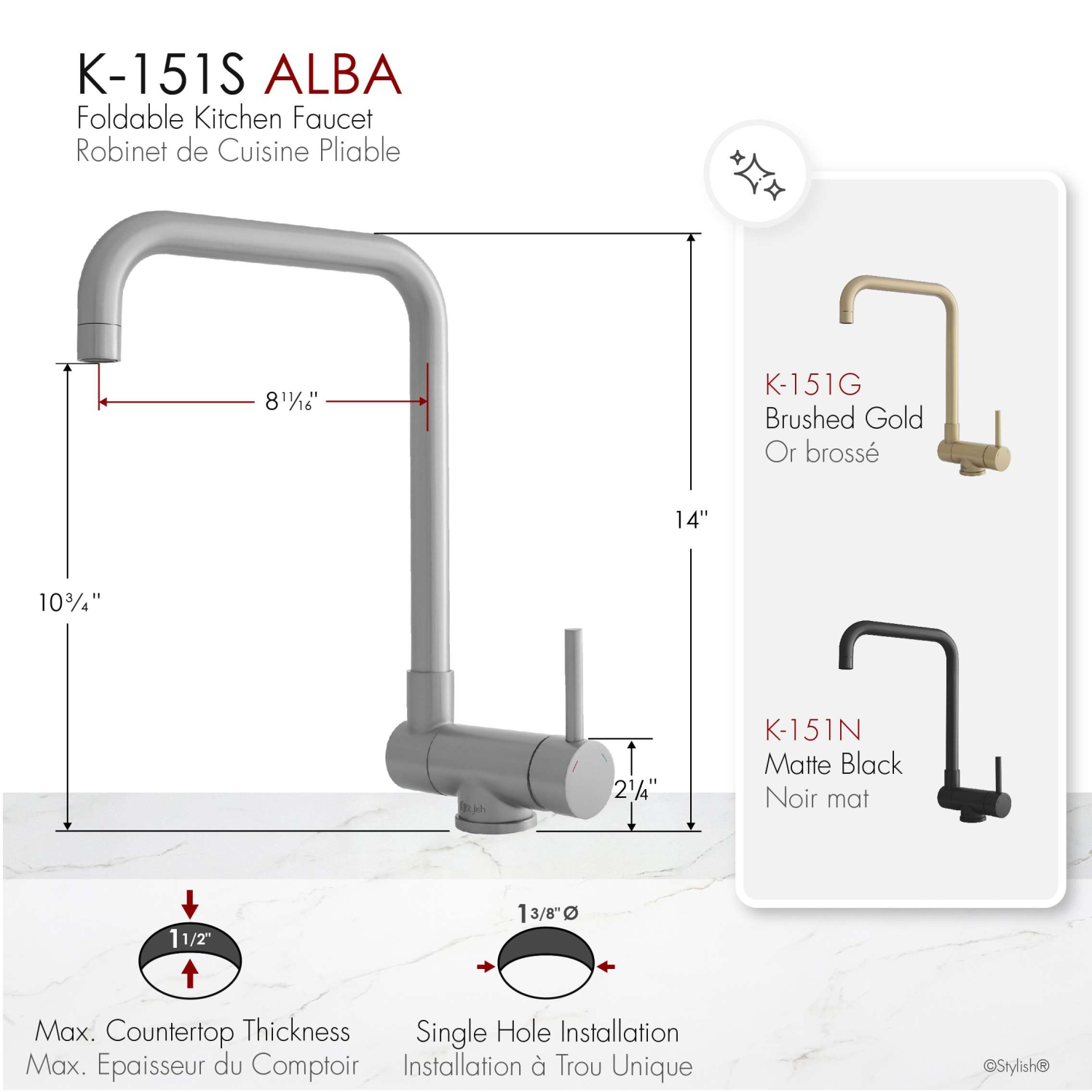 Robinet de cuisine pliable en acier inoxydable brossé à une poignée