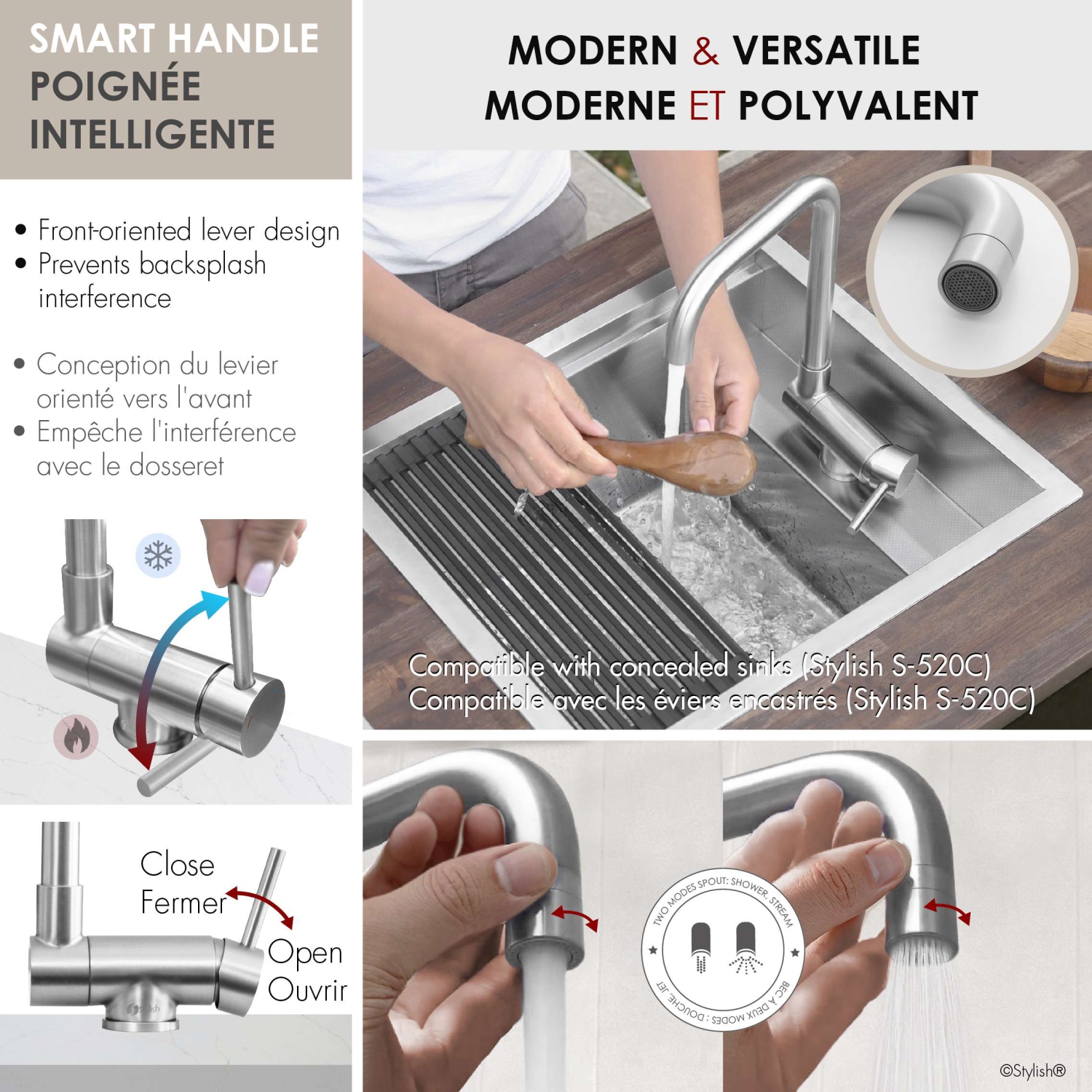 Robinet de cuisine pliable en acier inoxydable brossé à une poignée